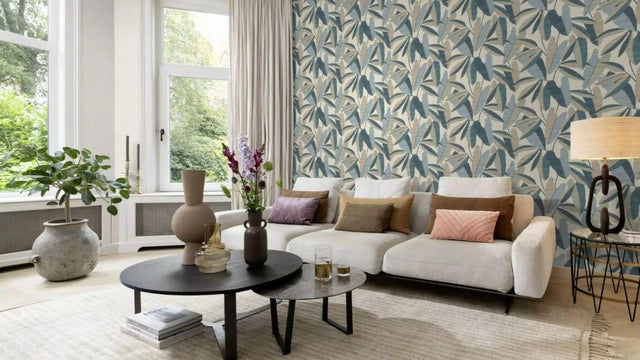 Carta da parati Foglie blu e beige, 53 cm x 10 m