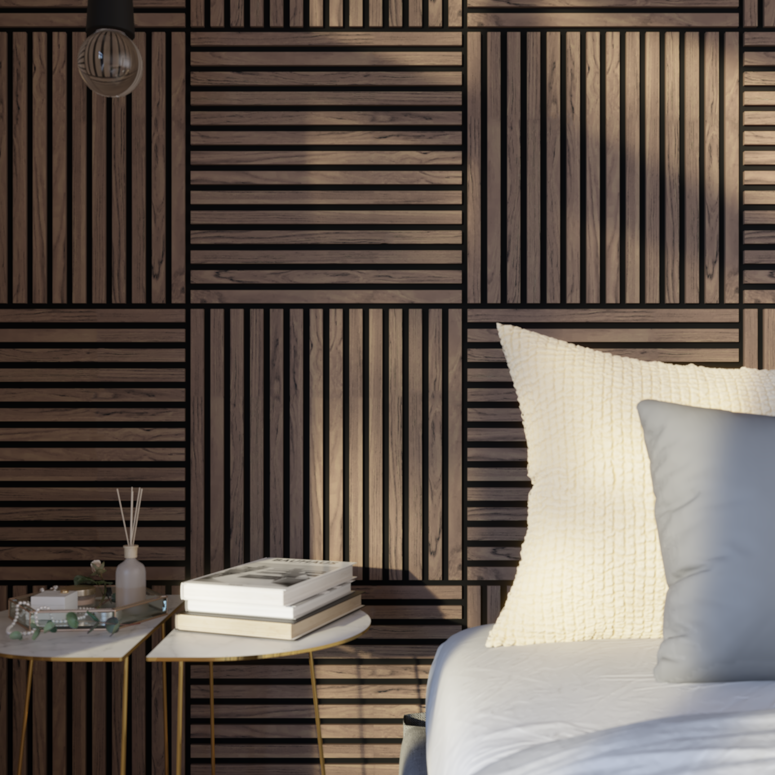 Revestimiento de pared palillería efecto 3D MDF acústico ARTENS Ravik Nogal 4 losetas de 60x60cm - 2