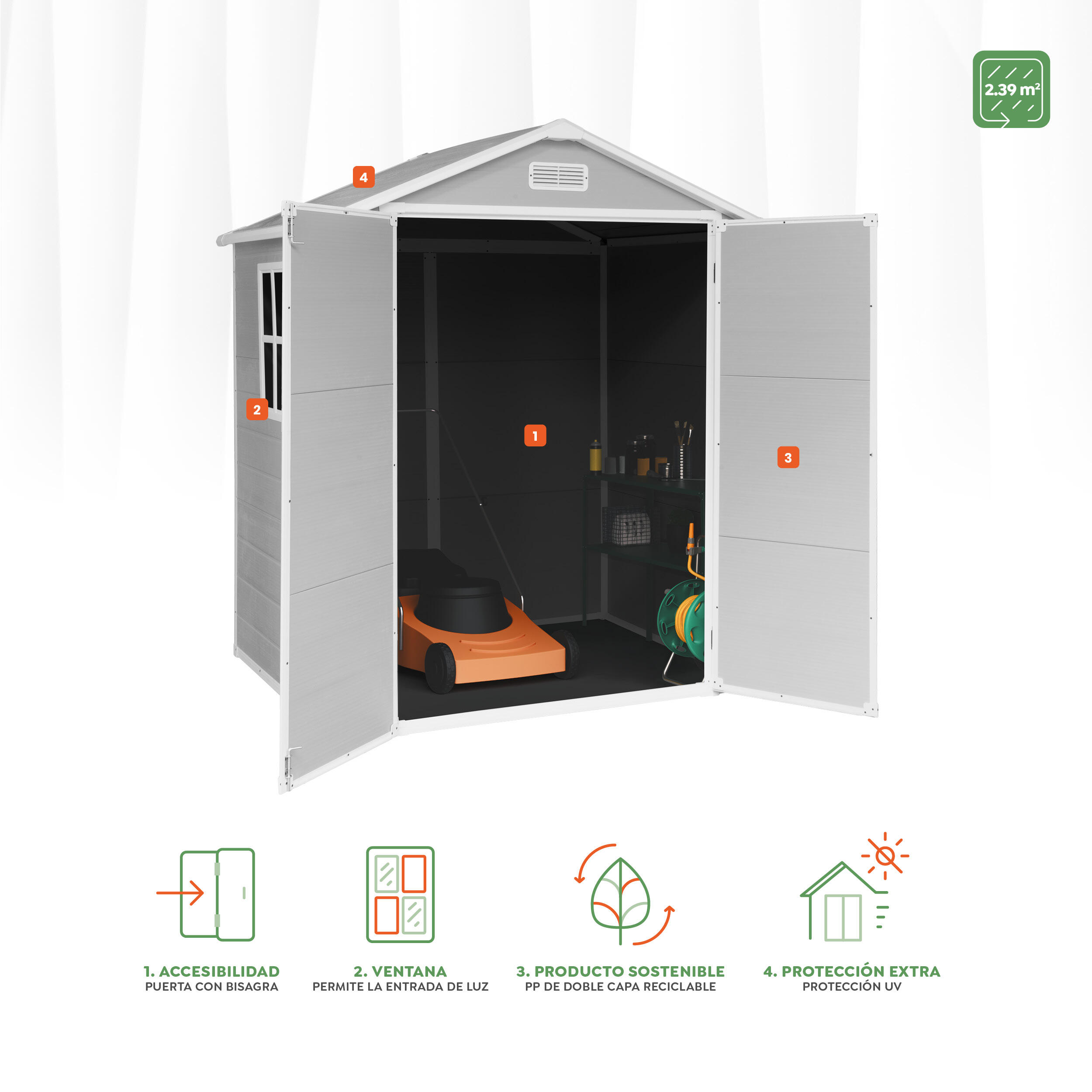Caseta de resina ONE de 181x210x132 cm y 2.4 m2 con 12 mm espesor y doble puerta abatible HOGGAR - 4