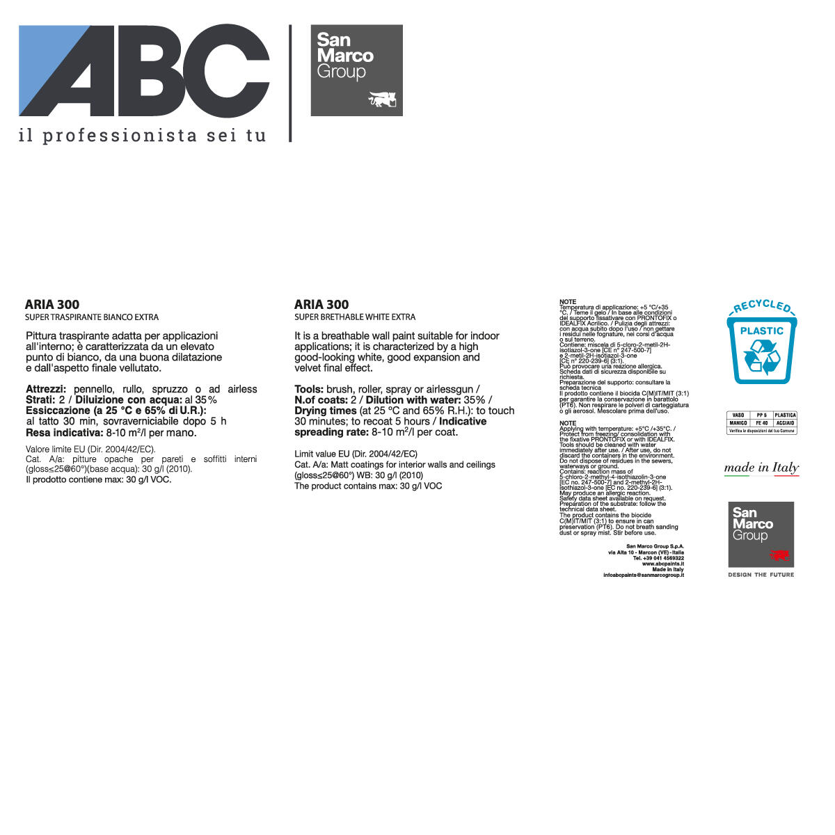 Pittura per interni per parete e soffitto traspirante, ABC Aria 300 SAN MARCO Group bianco opaco, 14 L - 4