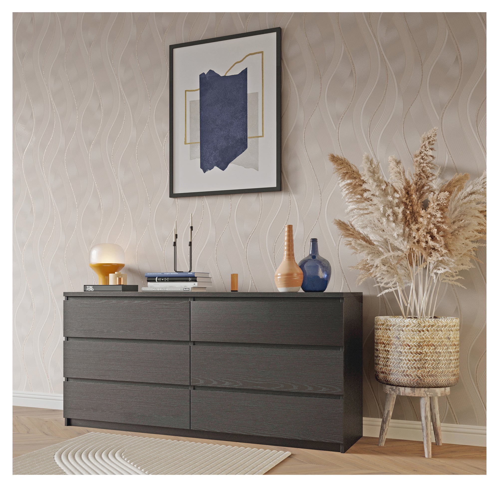Papel pintado vinilo aplicación cola en pared geométrico ondas 420027 beige 53cmx10.05m lavable