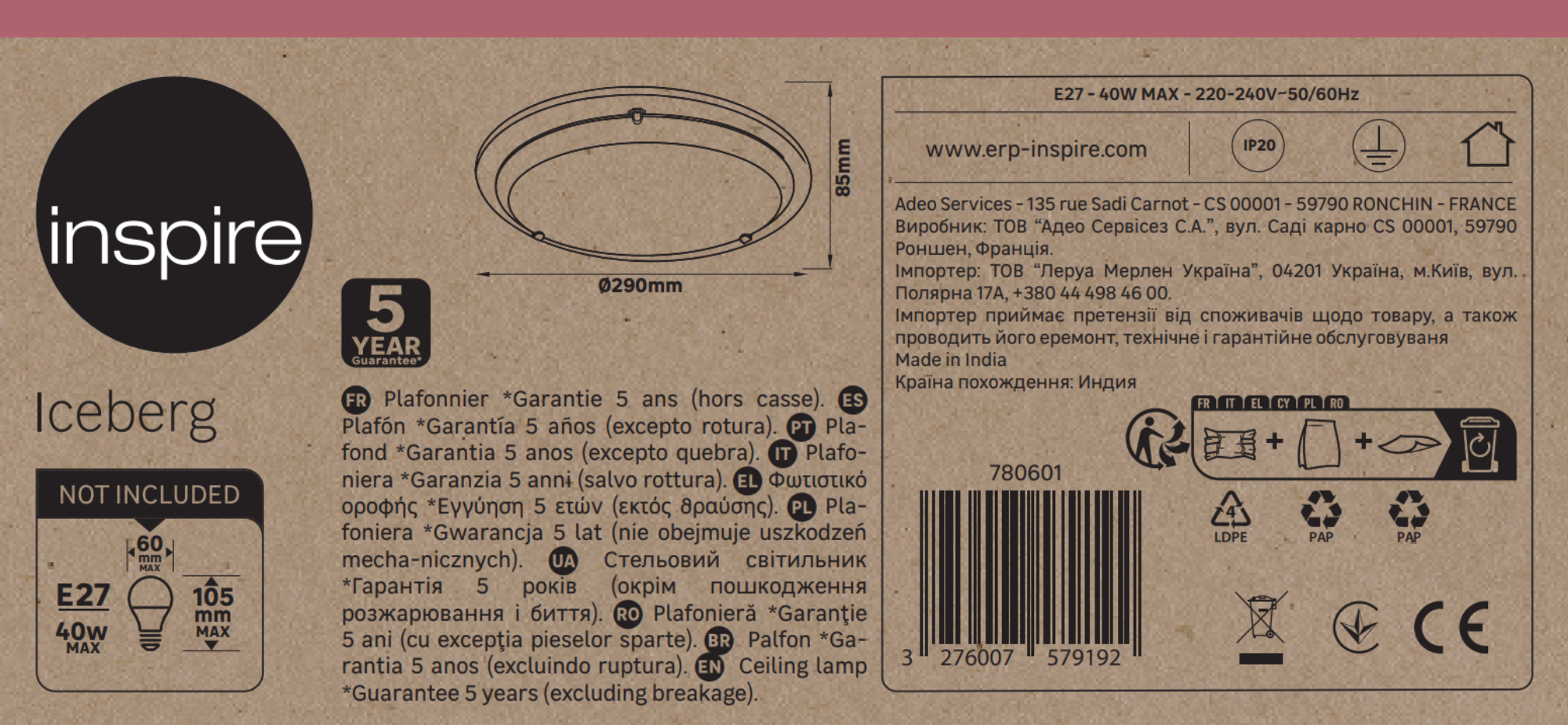 Candeeiro de teto sem lâmpada interior E27 Iceberg Inspire 29cm cinza - 6