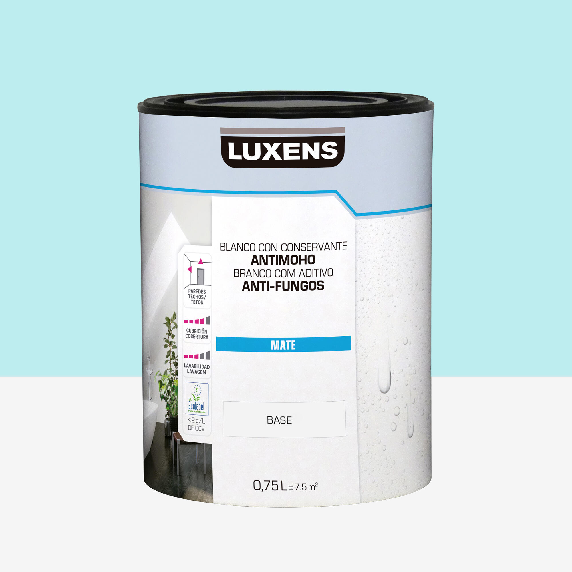 Pintura de interior color a tu gusto luxens color azul caribe suave muy luminoso mate 750ml para paredes y techos