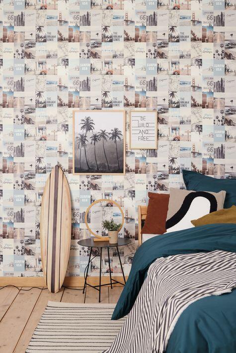 Papel pintado tnt aplicación cola en pared urban city free happy place azul caselio 53cmx10.05m lavable