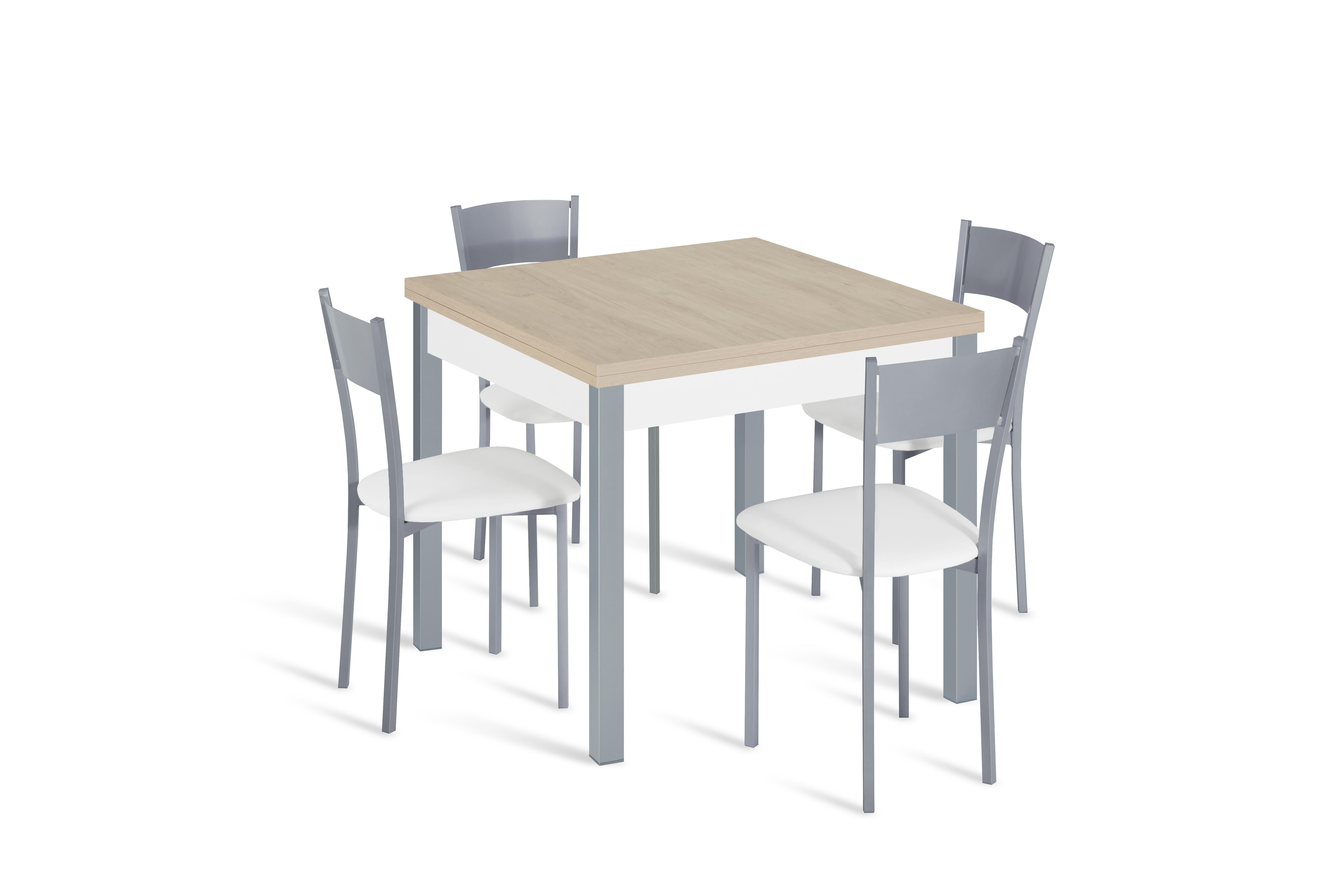 Conjunto mesa libro galante (80-160)x80 roble/gr + 4 sillas asiento bco
