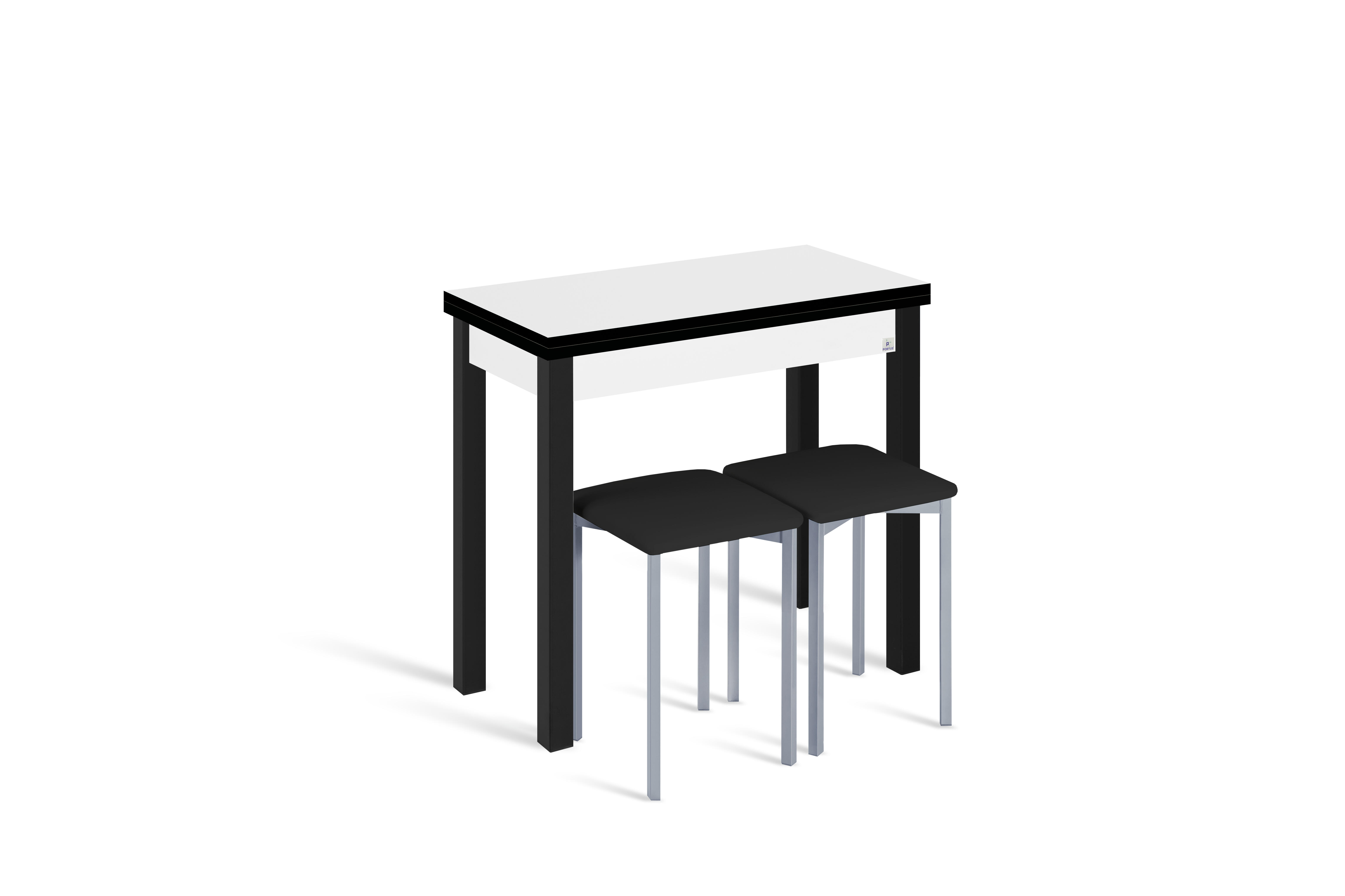 Conjunto mesa libro ara (40-80)x40 bco/neg + 2 taburetes asiento neg