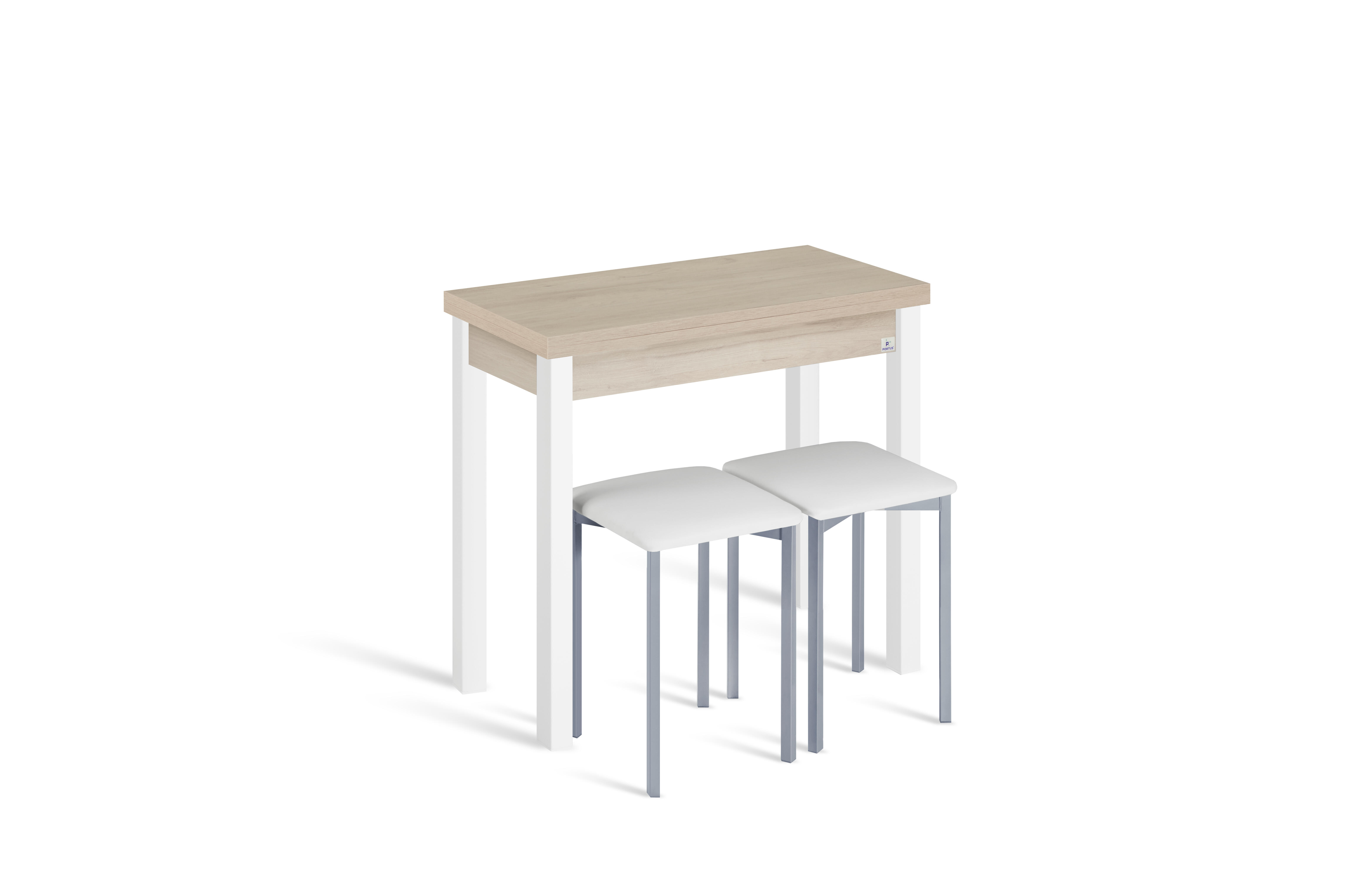 Conjunto mesa libro ara (40-80)x40 roble/bco + 2 taburetes asiento bco