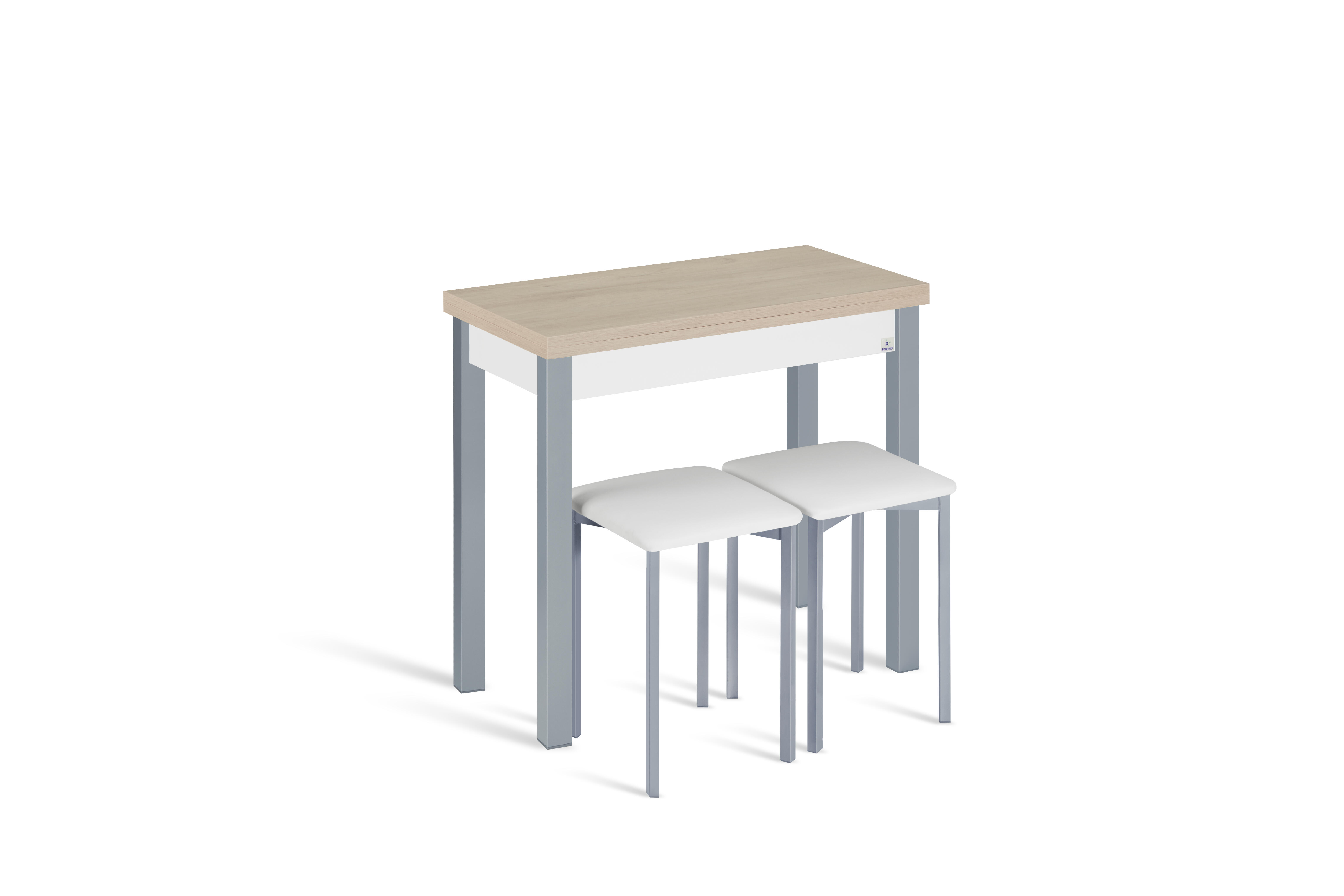 Conjunto mesa libro ara (40-80)x40 roble/gr + 2 taburetes asiento bco