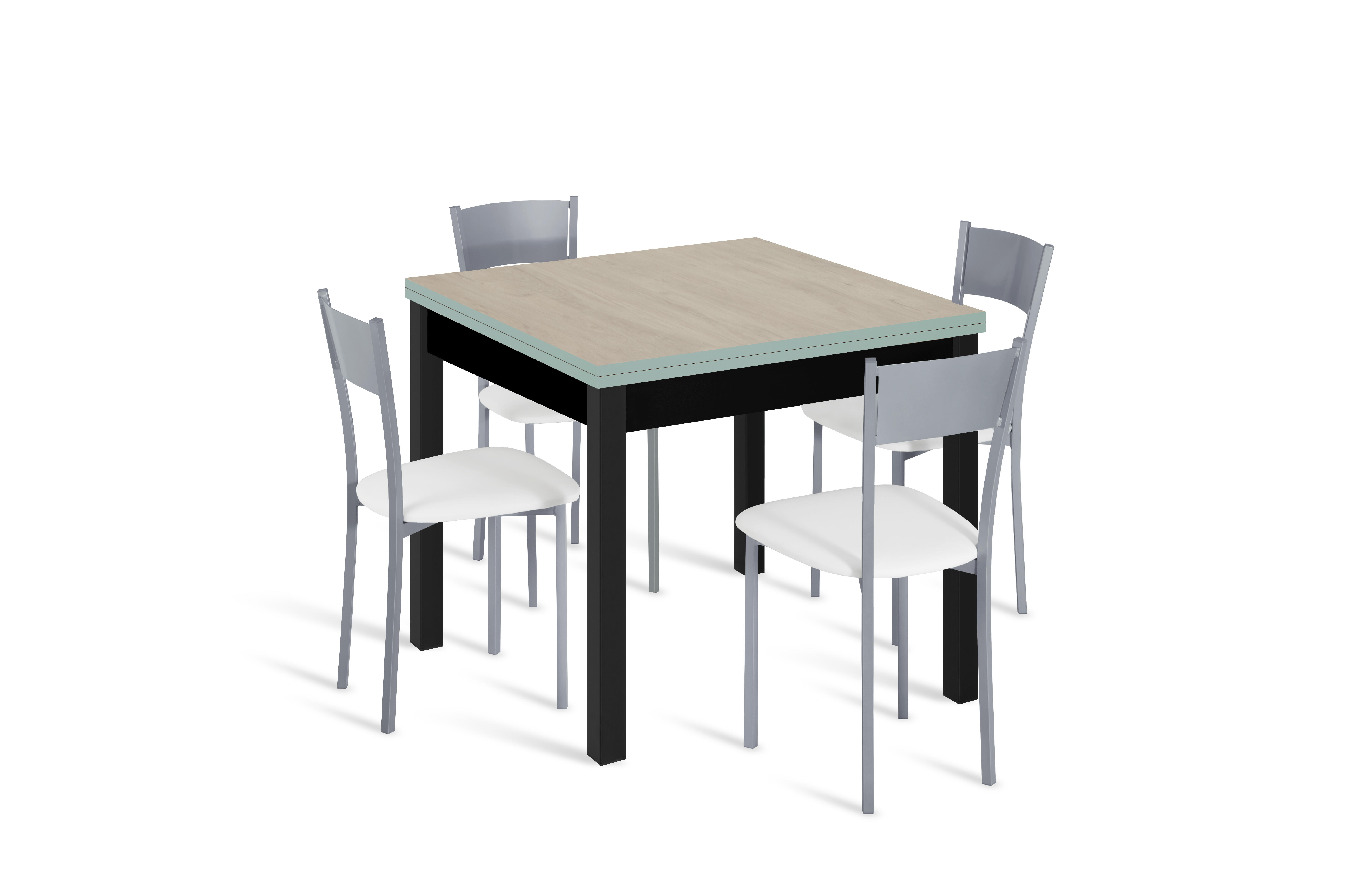 Conjunto mesa libro galante (80-160)x80 roble/neg + 4 sillas asiento bco