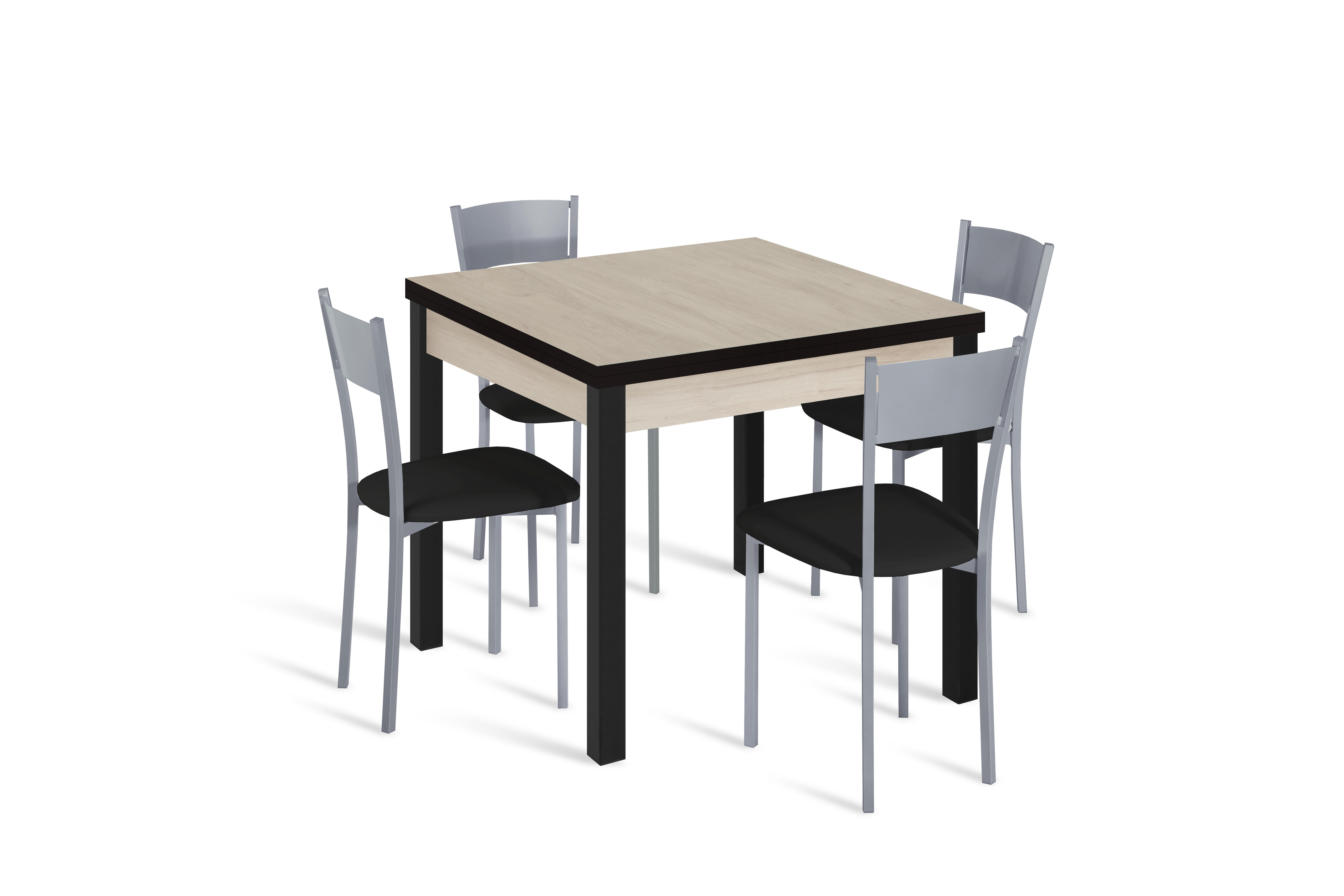 Conjunto mesa libro galante (80-160)x80 roble/neg + 4 sillas asiento neg