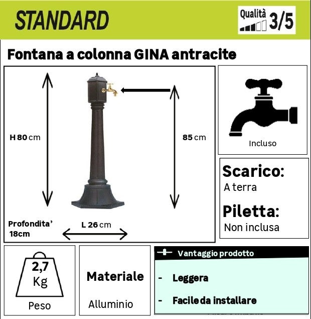 Fontana a colonna FONTANA IN ALLUMIO GINA ANTRACITE in alluminio H 80 cm, 26 x 18 cm - 3