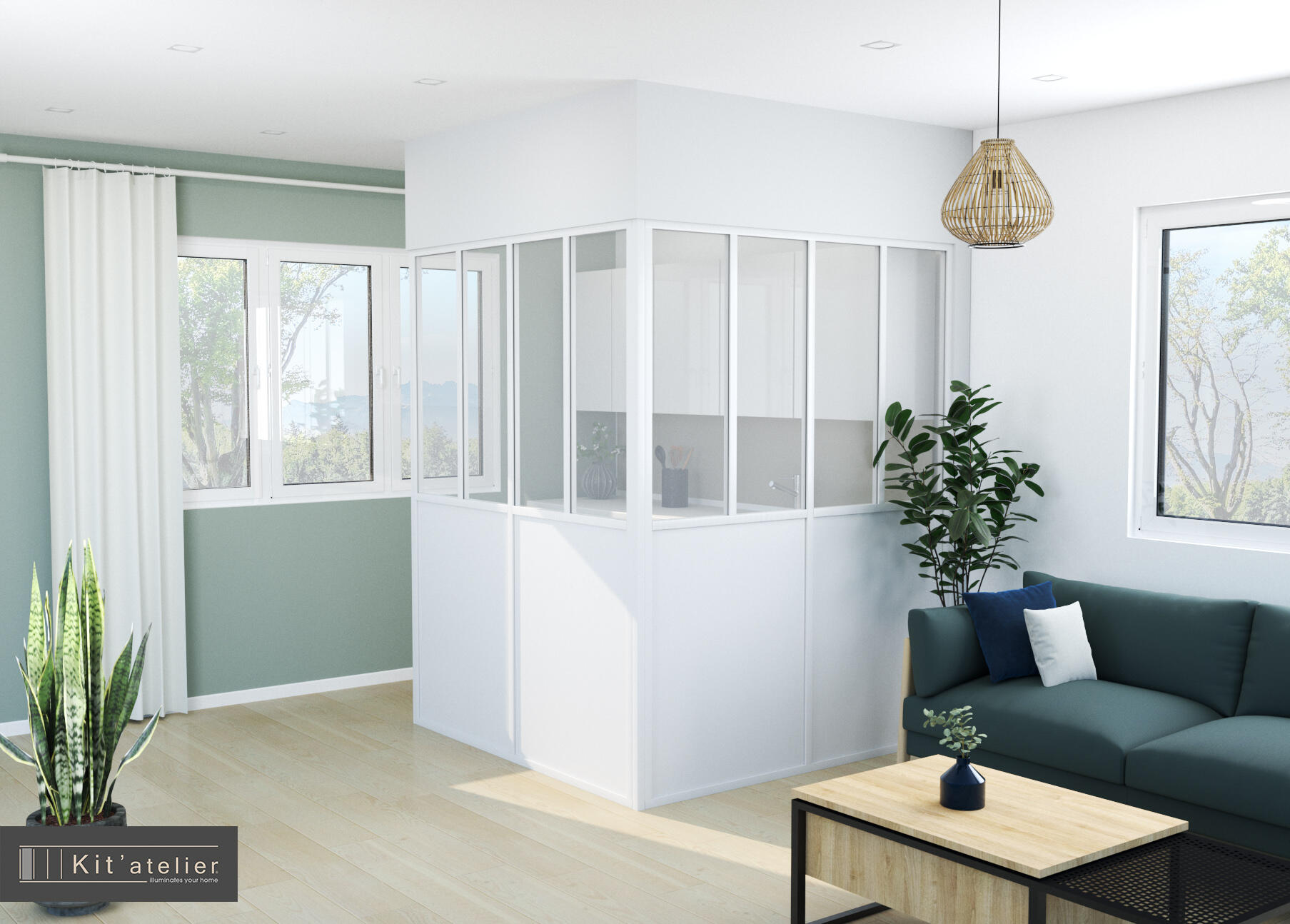 Verrière avec soubassement aluminium d'angle blanche sur mesure | Leroy