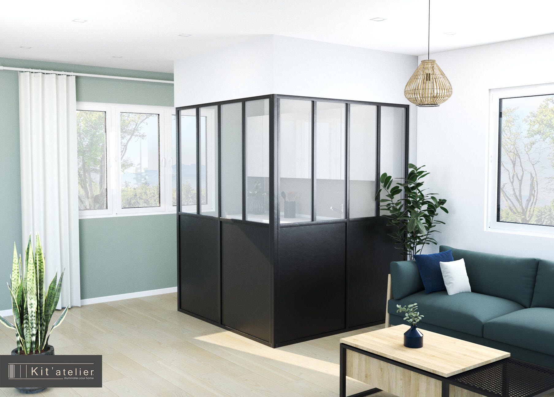 Verrière avec soubassement aluminium d'angle noire sur mesure | Leroy ...