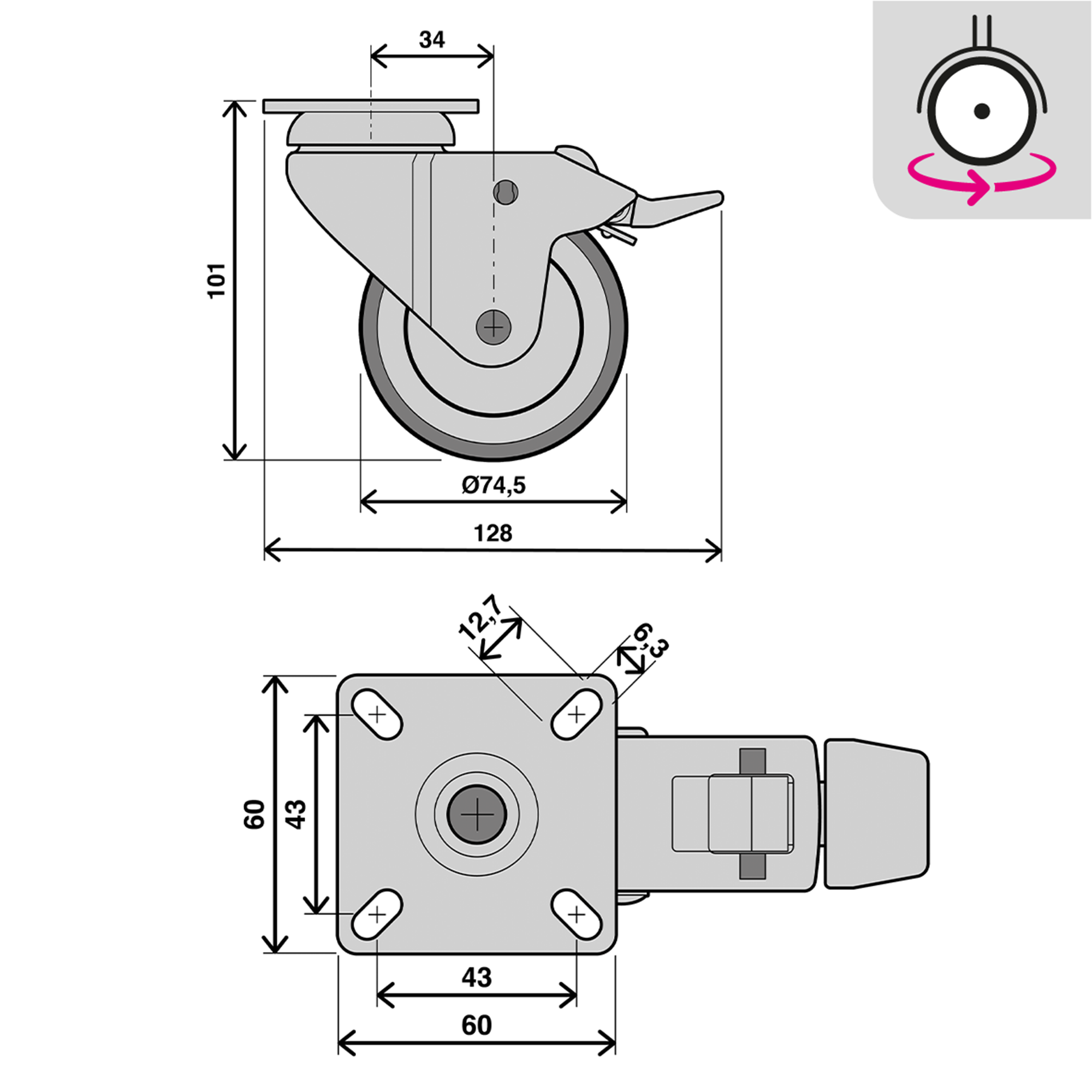 4 Rodas antideslizante com freio 75mm 360º 60kg preto - 4