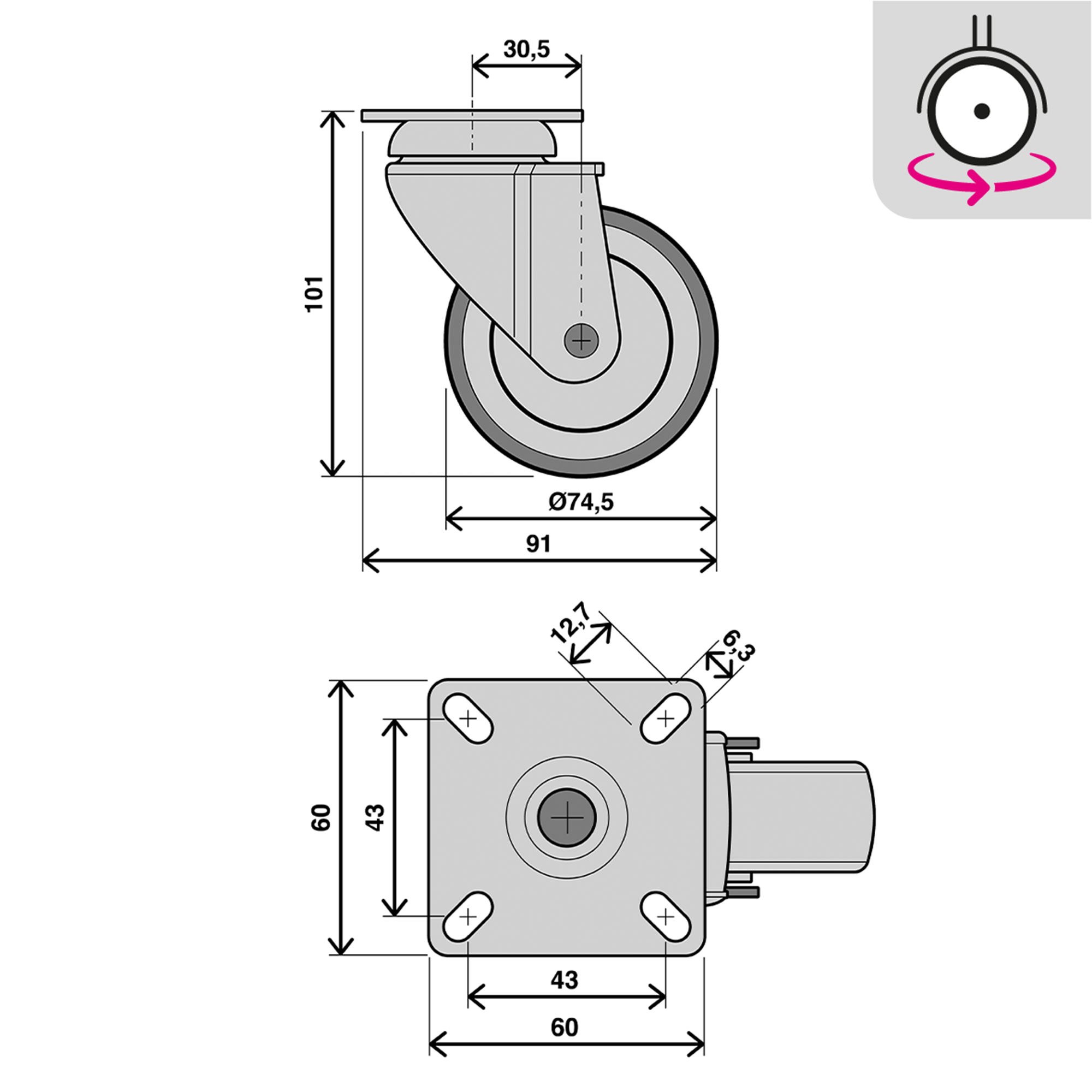 4 Rodas antideslizante com freio 75mm 360º 60kg preto - 5