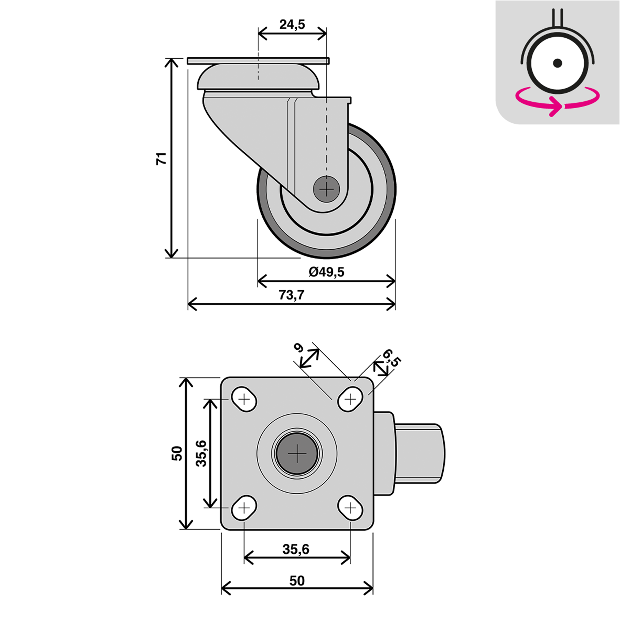 4 roues 360 degrés sur plaque diam.50 mm avec frein - 6
