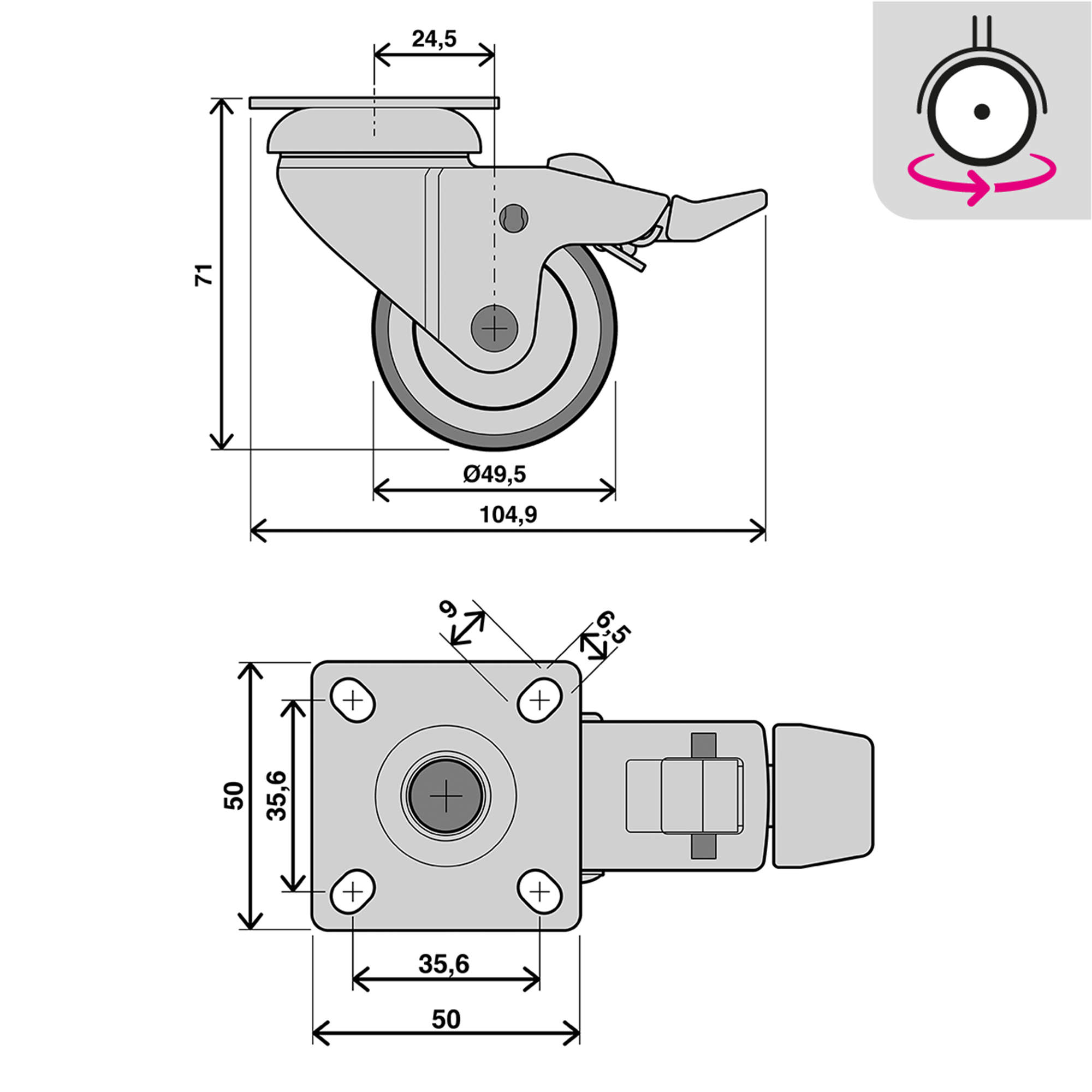 4 roues 360 degrés sur plaque diam.50 mm avec frein - 5
