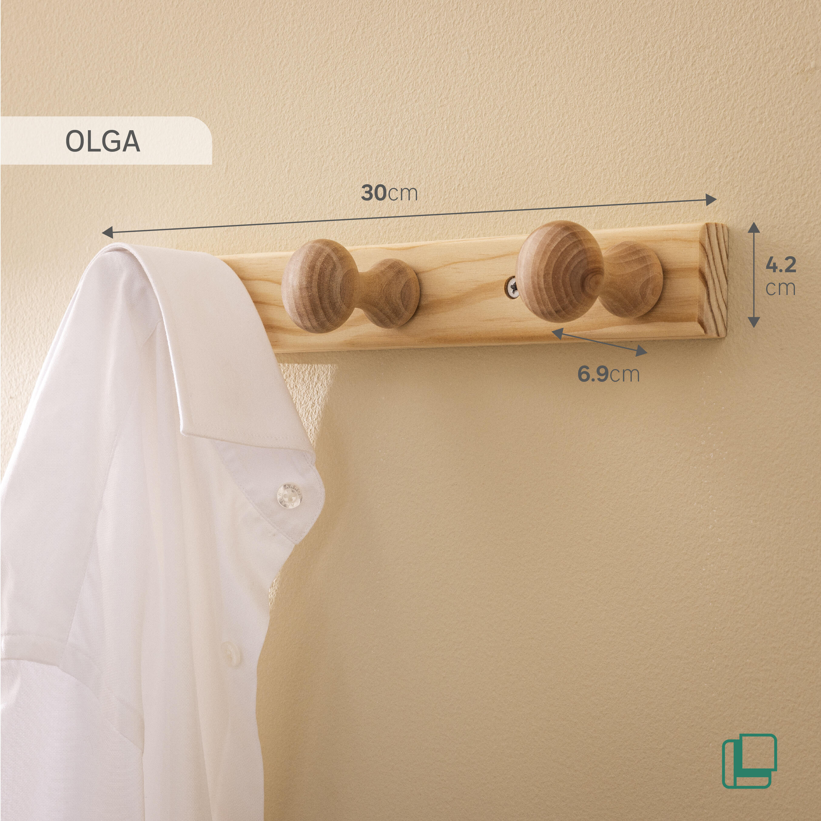 Perchero de pared para atornillar Olga pino bruto con 3 ganchos - 7