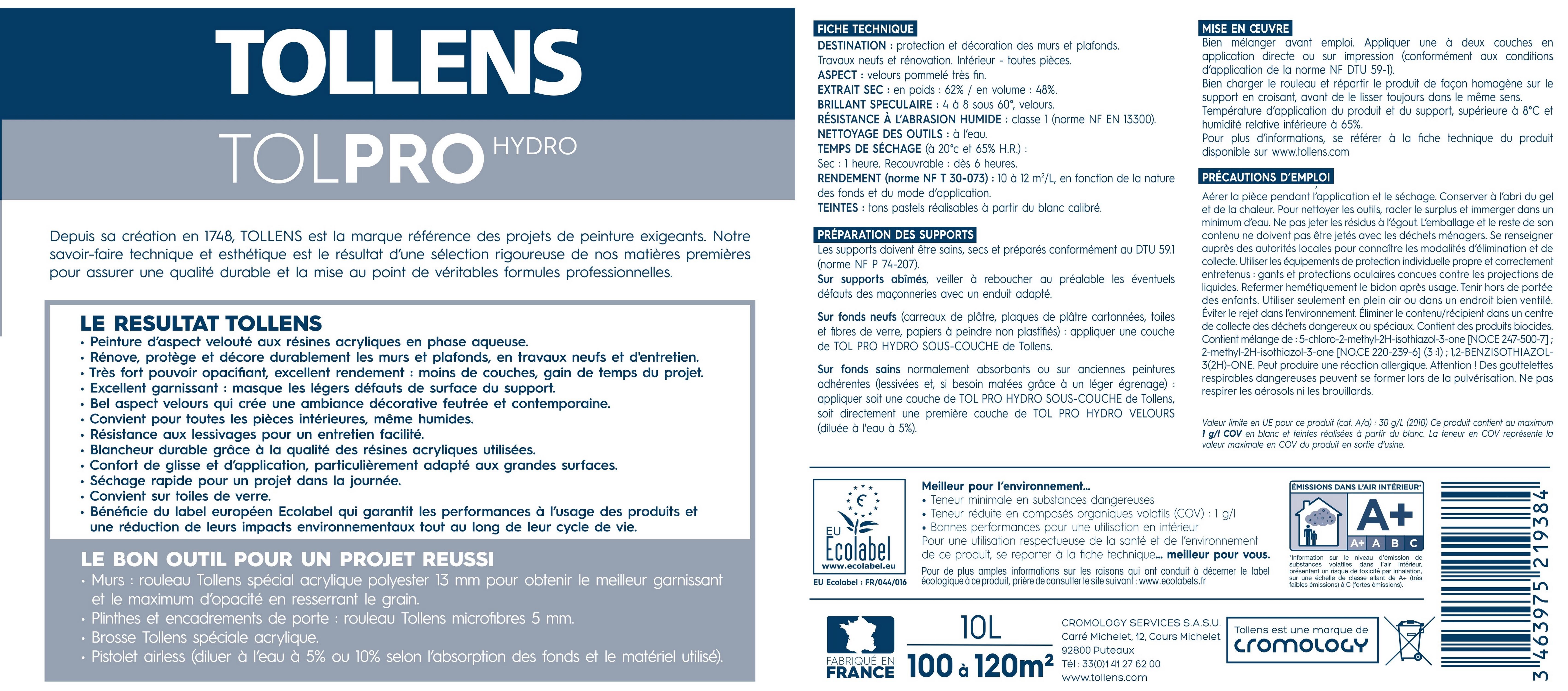 Peinture mur et plafond blanc velours TOLLENS Tollens tolpro hydro velours 10l 1 - 5