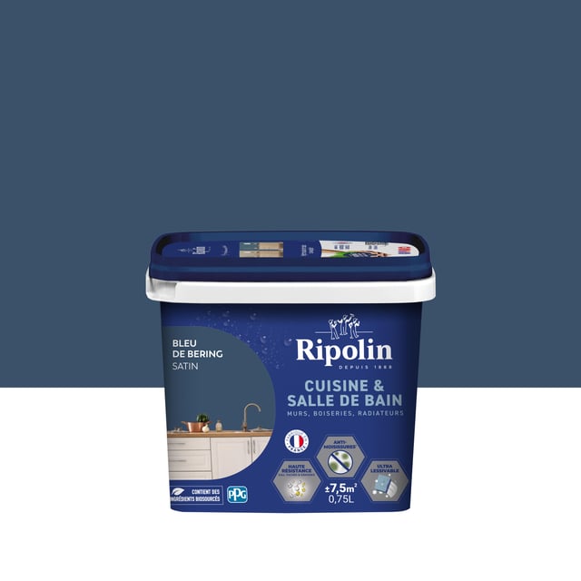 Peinture mur bleu de bering satin RIPOLIN Cuisine et bain 0.75L