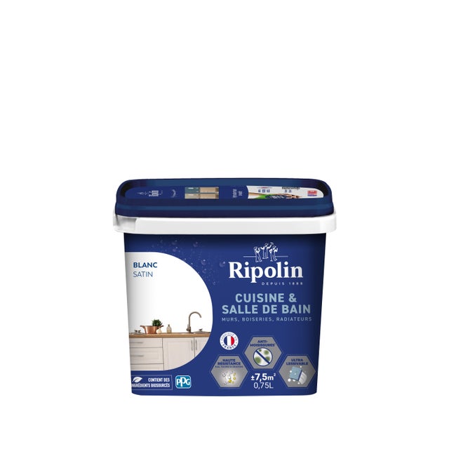 Peinture intérieure multi-supports acrylique satin blanc 0,75 L Cuisine & bain - RIPOLIN
