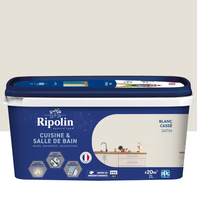Peinture mur blanc cassé satin RIPOLIN Cuisine et bain 2L