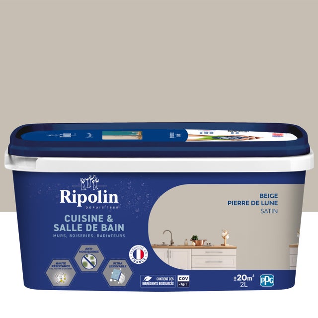 Peinture intérieure multi-supports acrylique satin beige pierre de lune 2 L Cuisine & bain - RIPOLIN