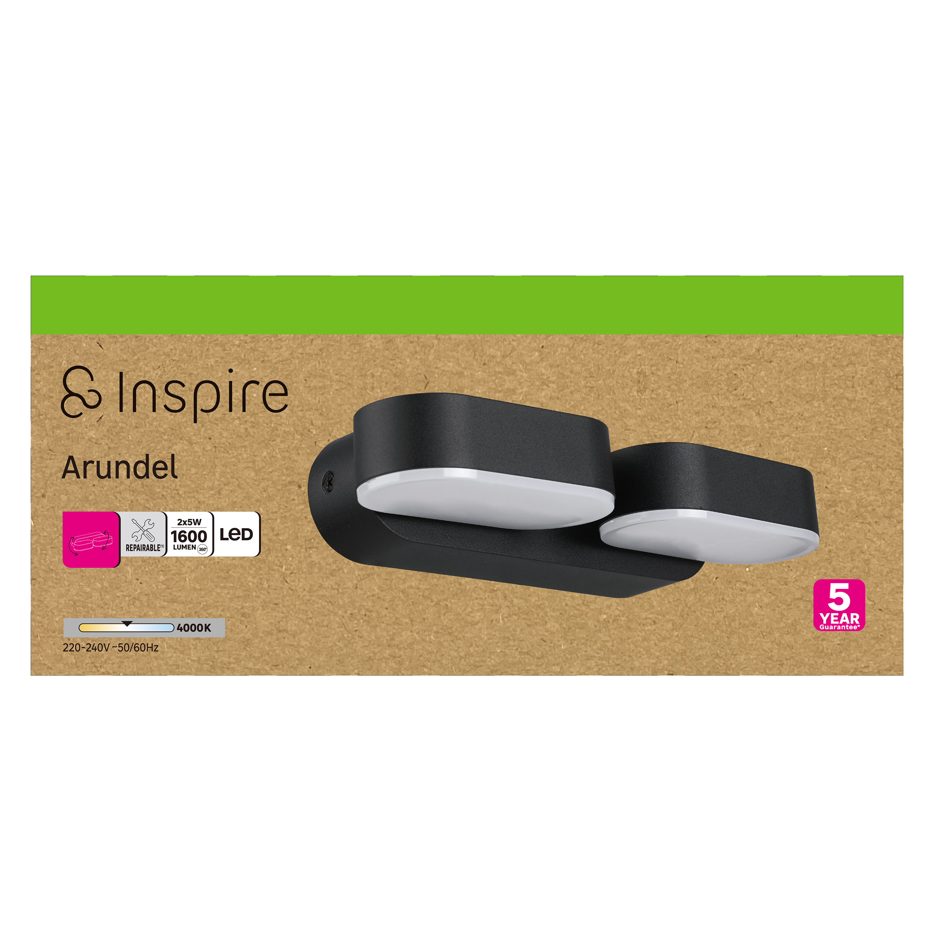 Candeeiro de parede com lâmpada de exterior Arund LED 2 luzes 1600lm preto Inspire - 6