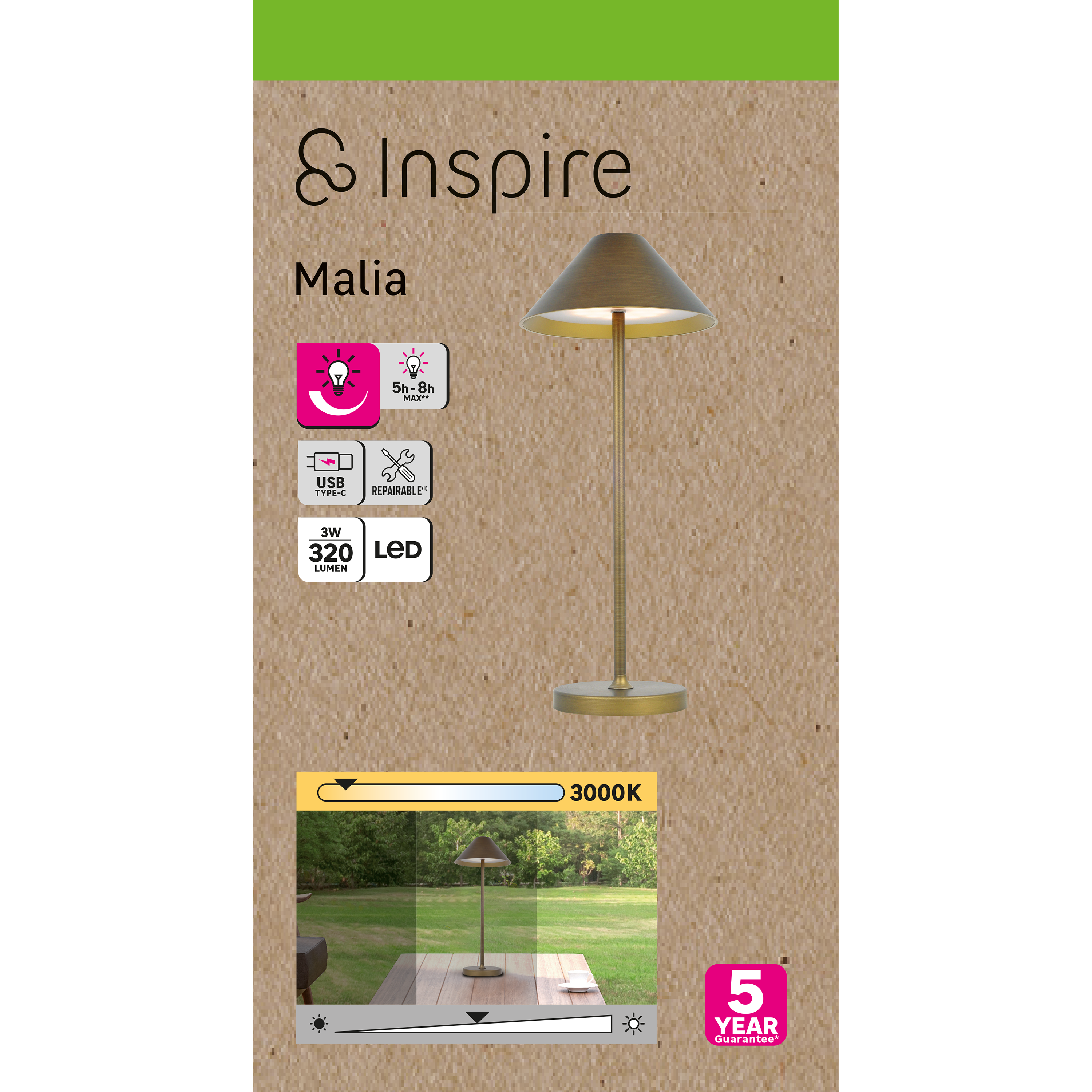 Lámpara de mesa sin cable LED Malia INSPIRE con estructura cobre luz cálida 3000K - 4