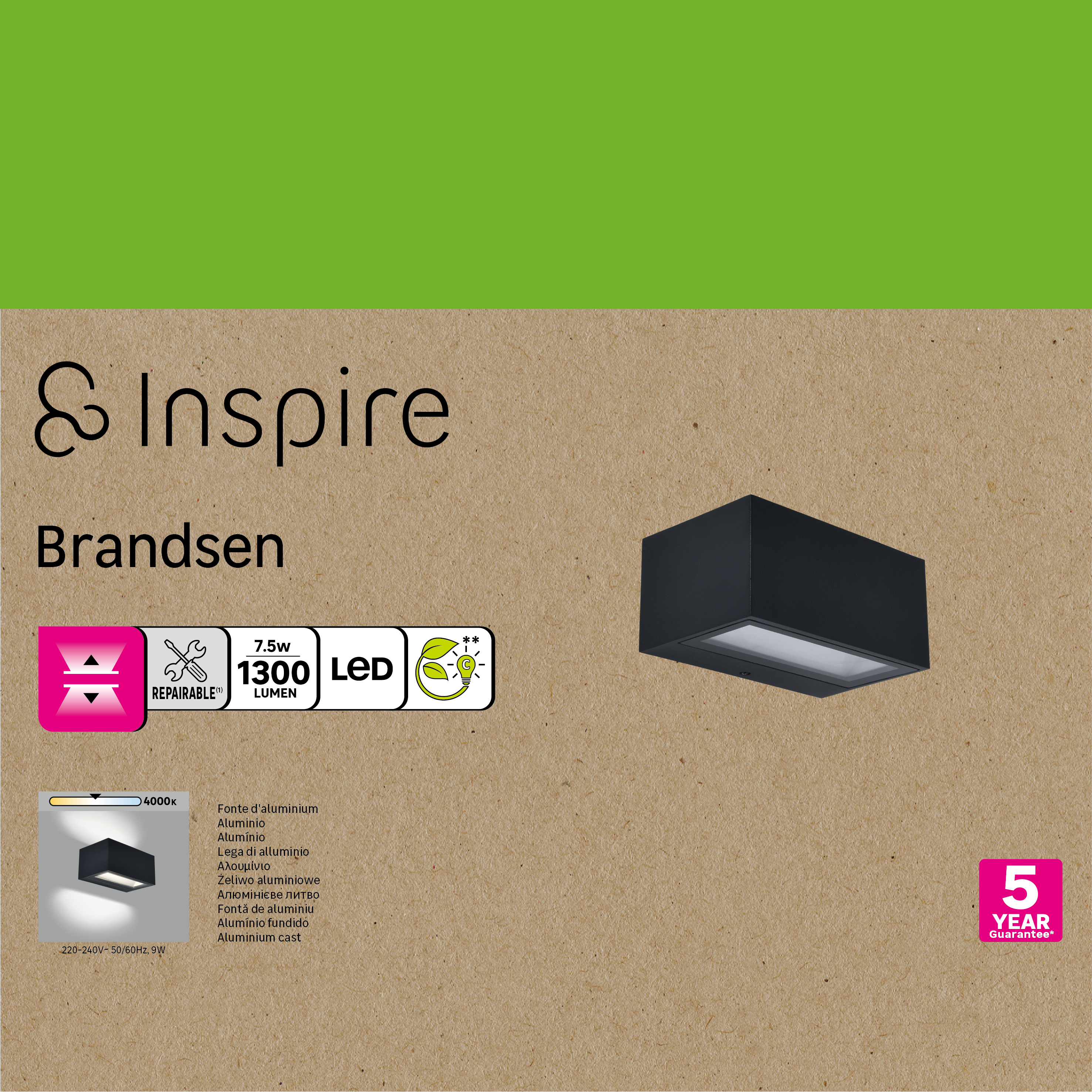 Candeeiro de parede Brandsen 900 lm 4000K ip54 vidro preto Inspire - 7