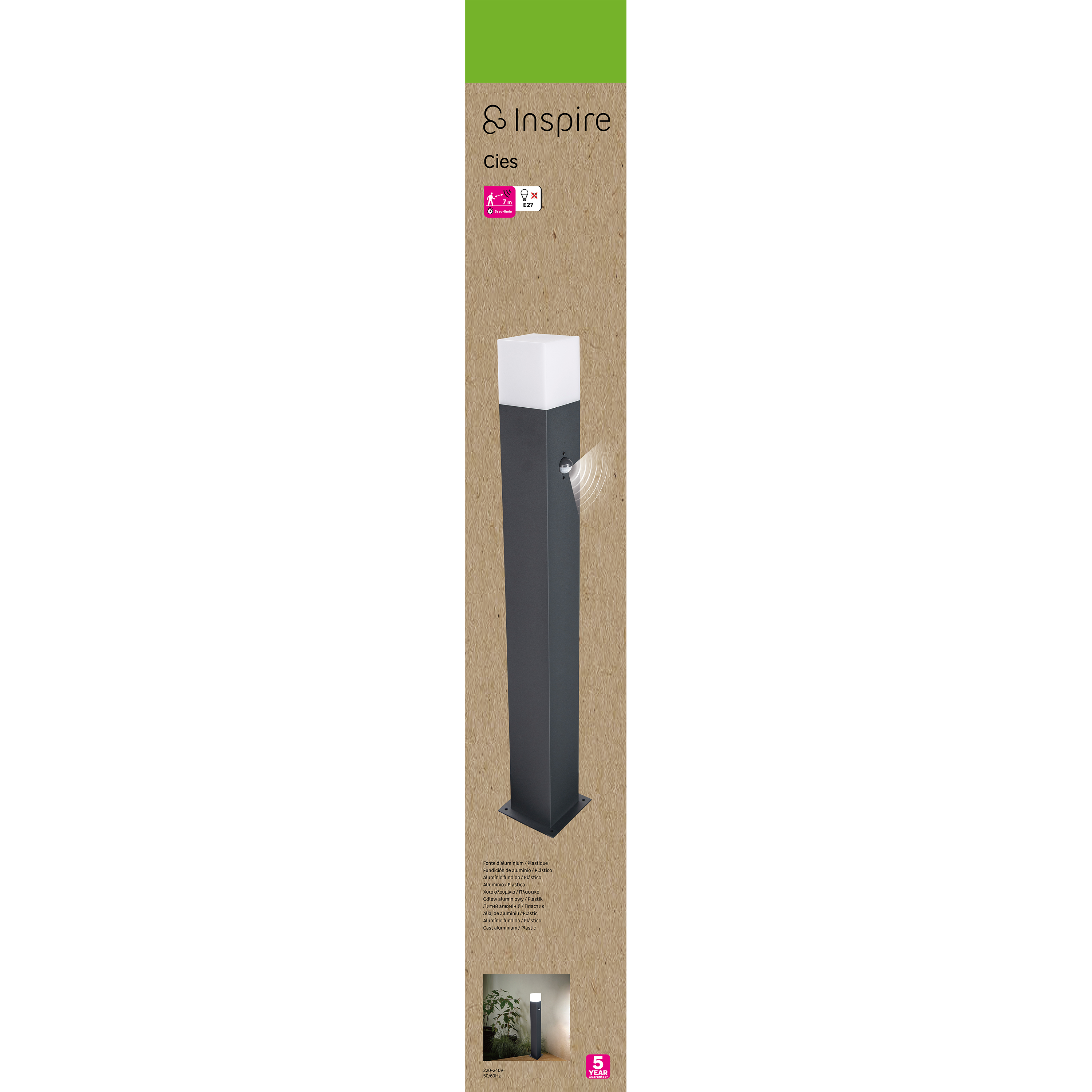 Baliza de jardín exterior E27 Inspire 75 cm aluminio gris y blanco resistencia IP54 con detector de movimiento  - 7