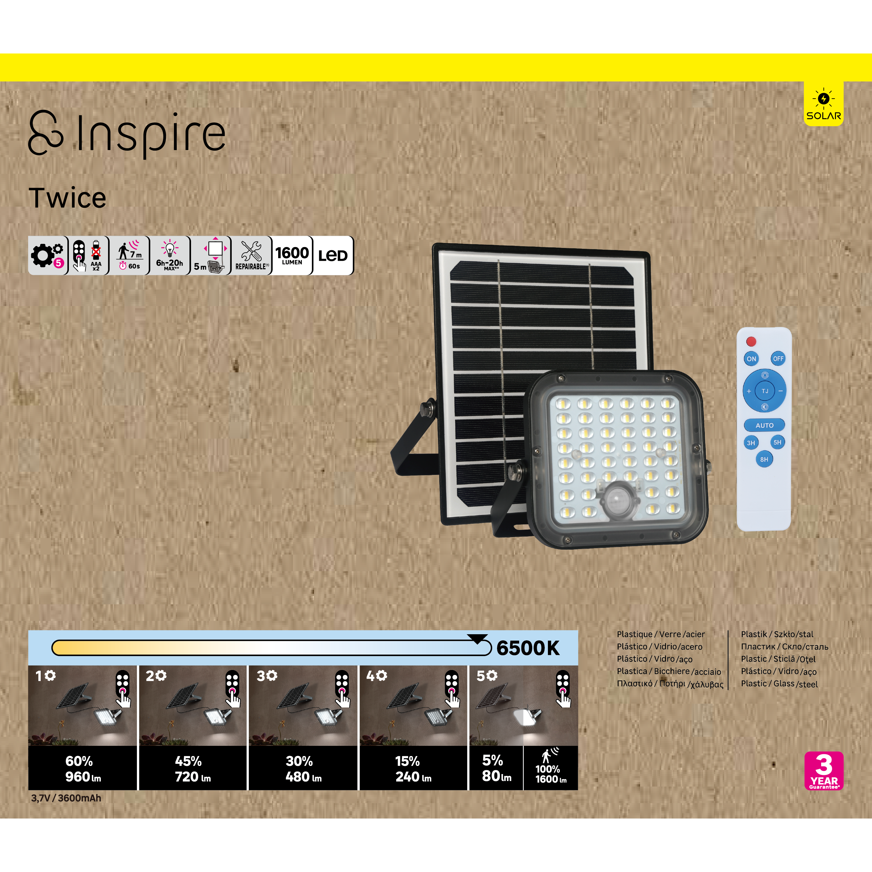 Projecteur extérieur solaire à détecteur 1600 Lumen Twice noir INSPIRE - 11