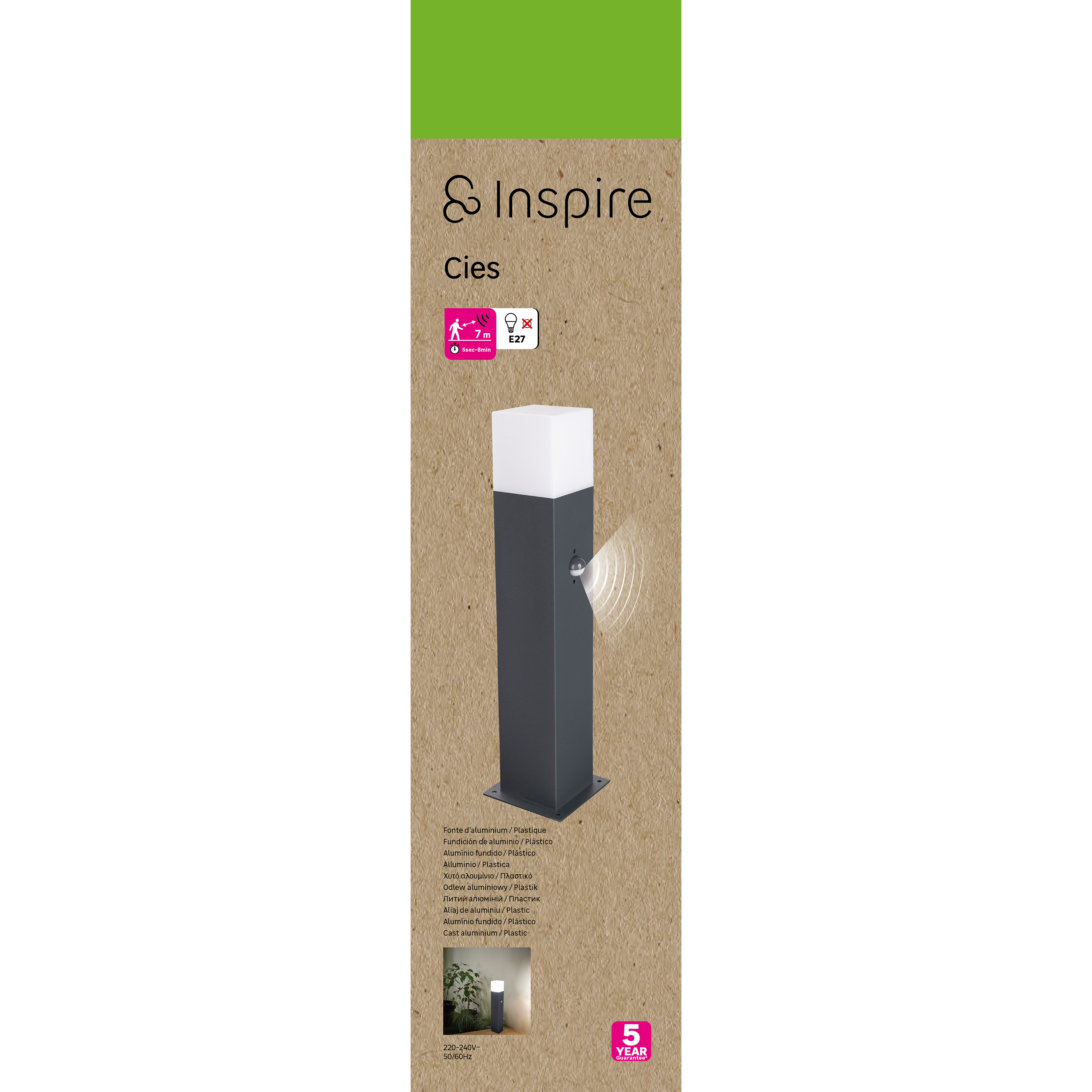 Baliza de jardín exterior E27 CIES Inspire 45 cm aluminio gris detector de movimiento resistencia IP54 - 7