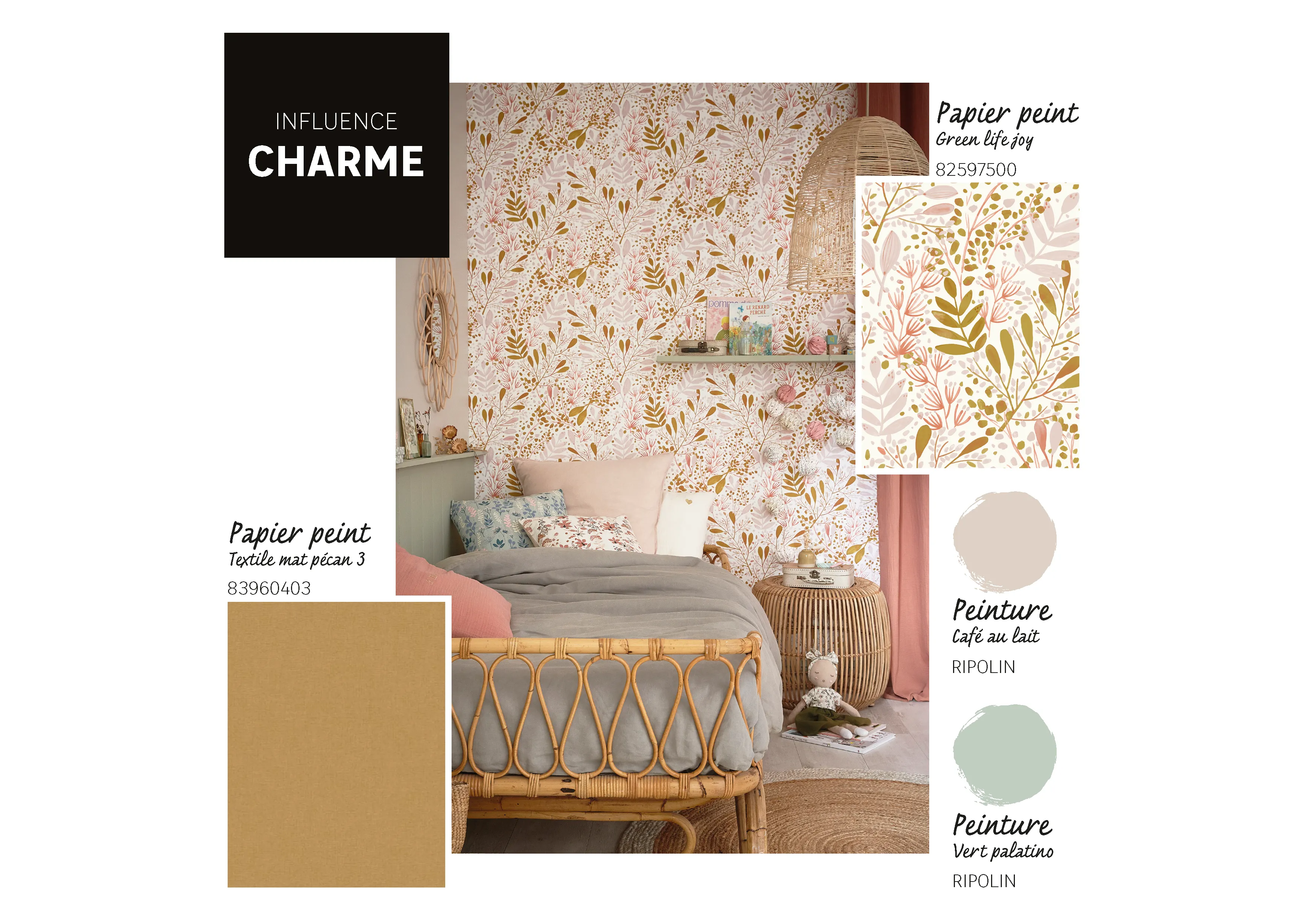 Papier peint intissé Florale Green life joy rose or fond blanc - 2