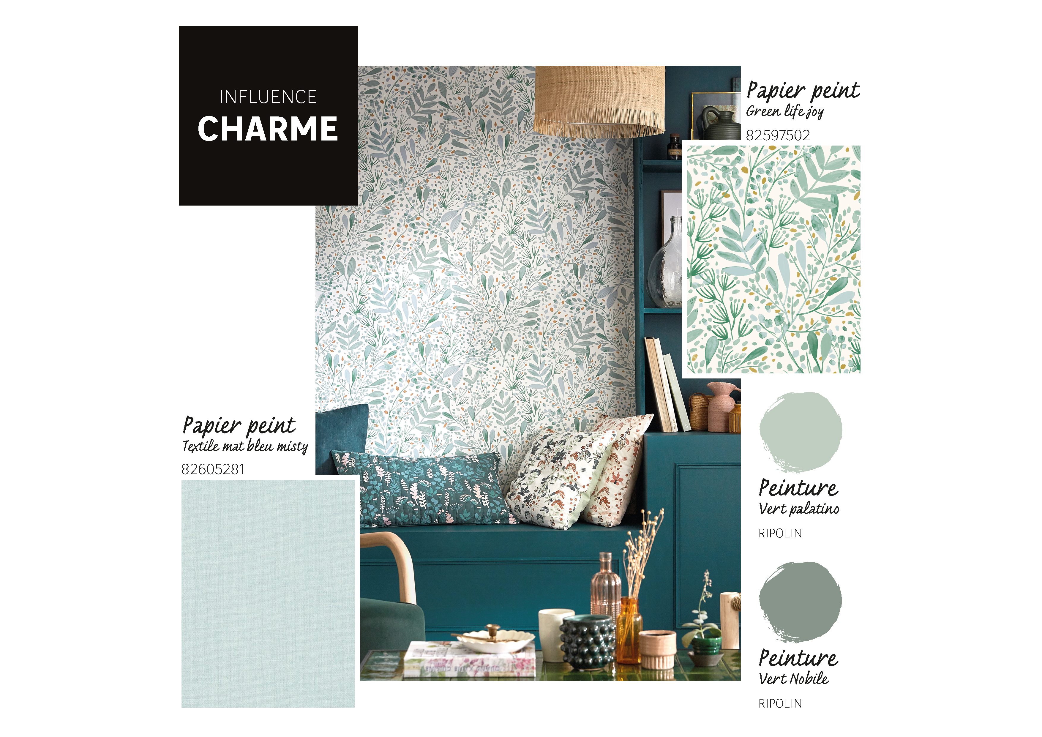 Papier peint intissé Florale Green life joy vert céladon, gris,or - 2