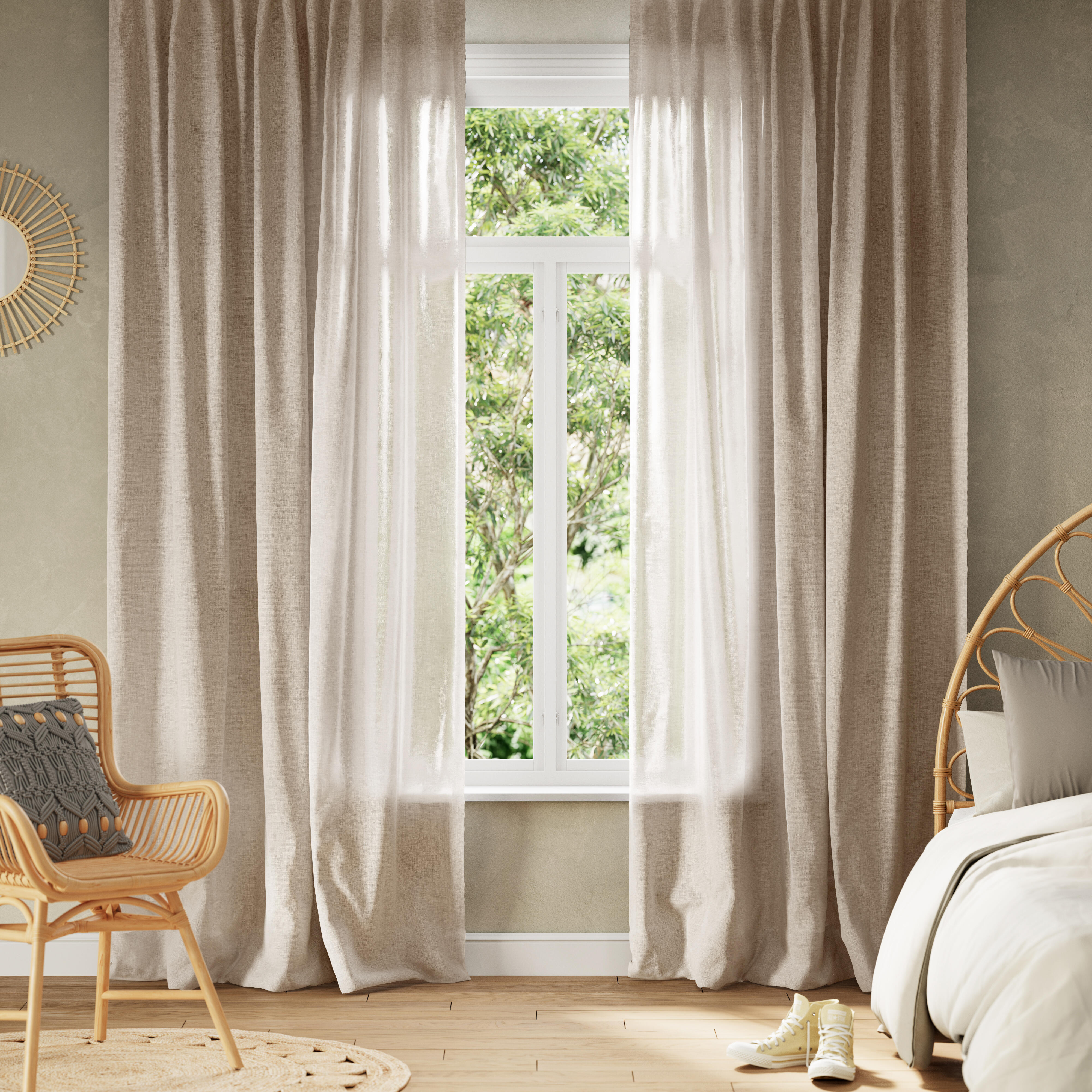 Visillo cinta fruncida, trabillas Ayden poliéster lino liso beige natural INSPIRE de 200x270cm. Incluye cinta termoadhesiva - 2