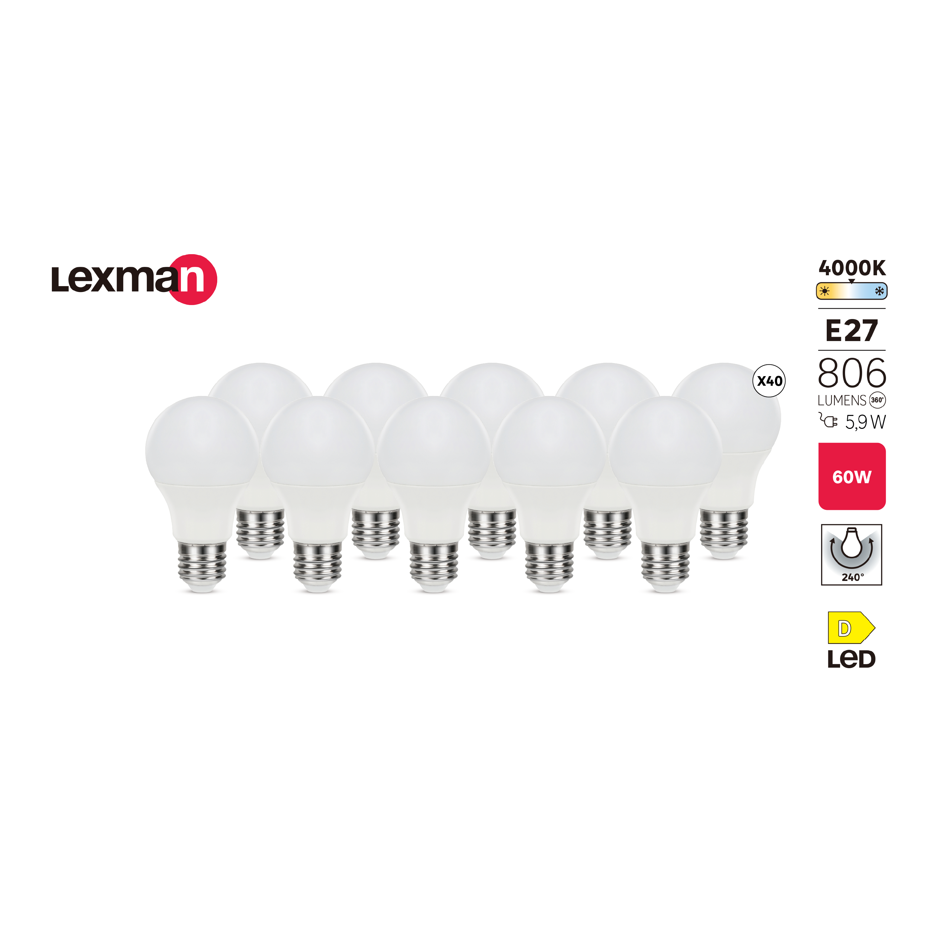 Lot de 10 ampoules led E27, 806lm = 60W, blanc neutre, LEXMAN - 4