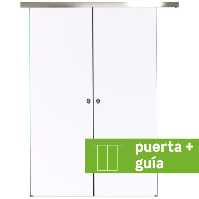Pack puerta de interior corredera doble de cristal transparente templado Lisboa anchura 199cm + guia corredera