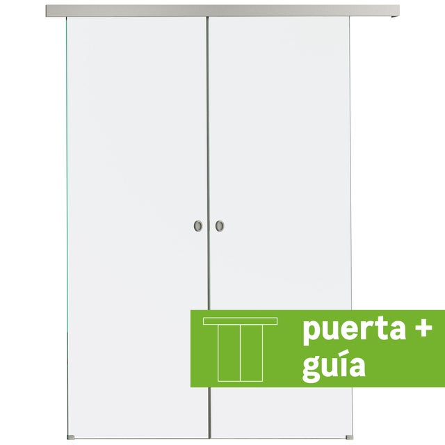 Pack puerta de interior corredera doble de cristal transparente templado Lisboa anchura 159cm + guia corredera