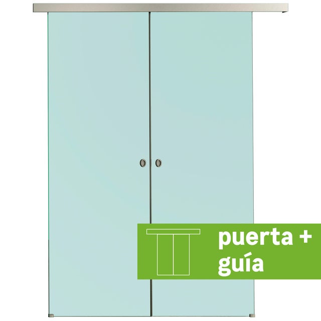 Pack puerta de interior corredera doble de cristal mate templado Lisboa anchura 179cm + guia corredera