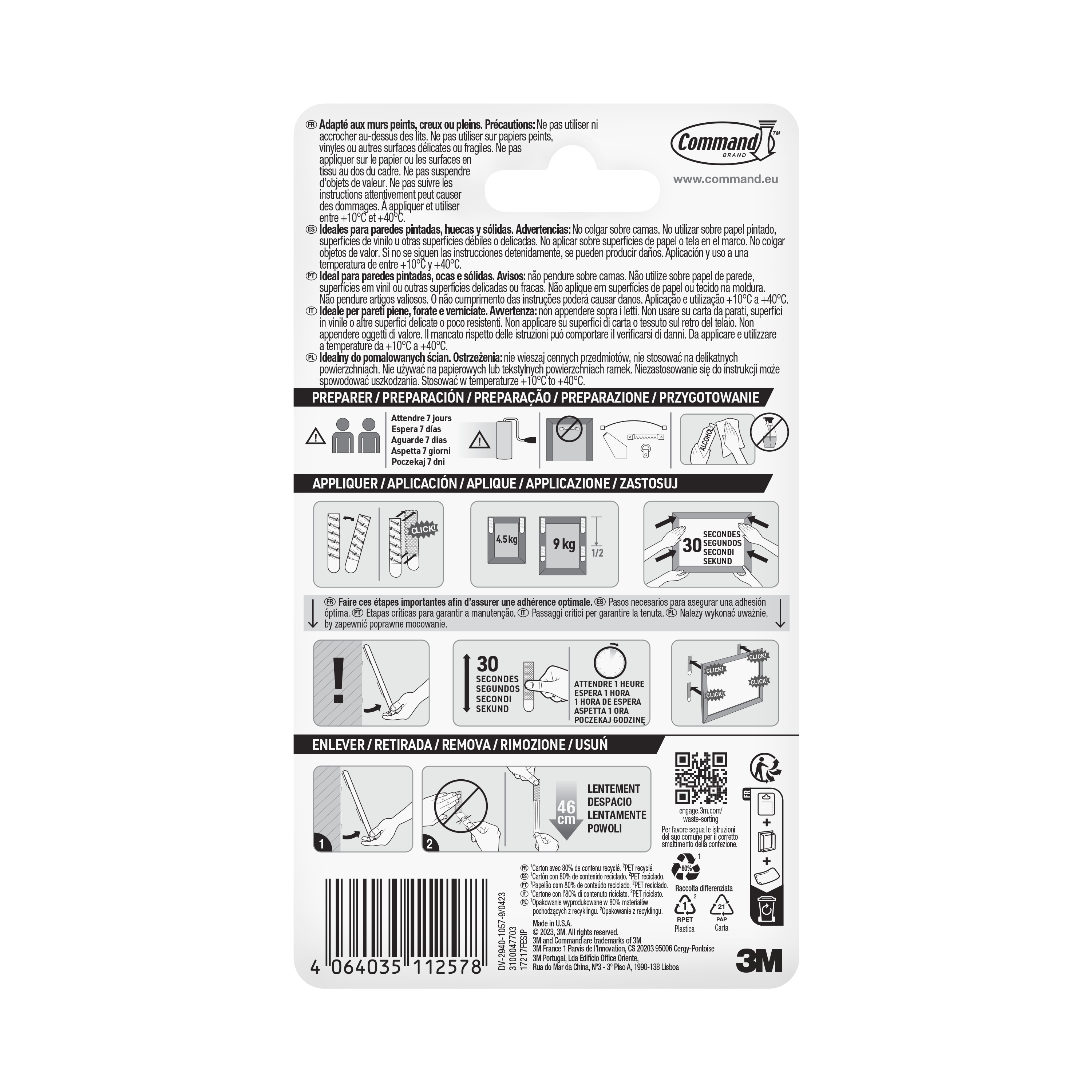 Fissaggio adesivo COMMAND in polipropilene  bianco 4 ganci H110 X L22 mm  portata max 9 Kg, 4 pezzi - 10