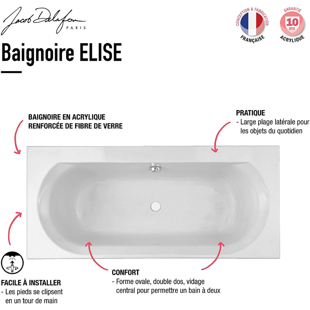 Baignoire rectangulaire L.170x l.75 cm blanc, JACOB DELAFON Elise - 4
