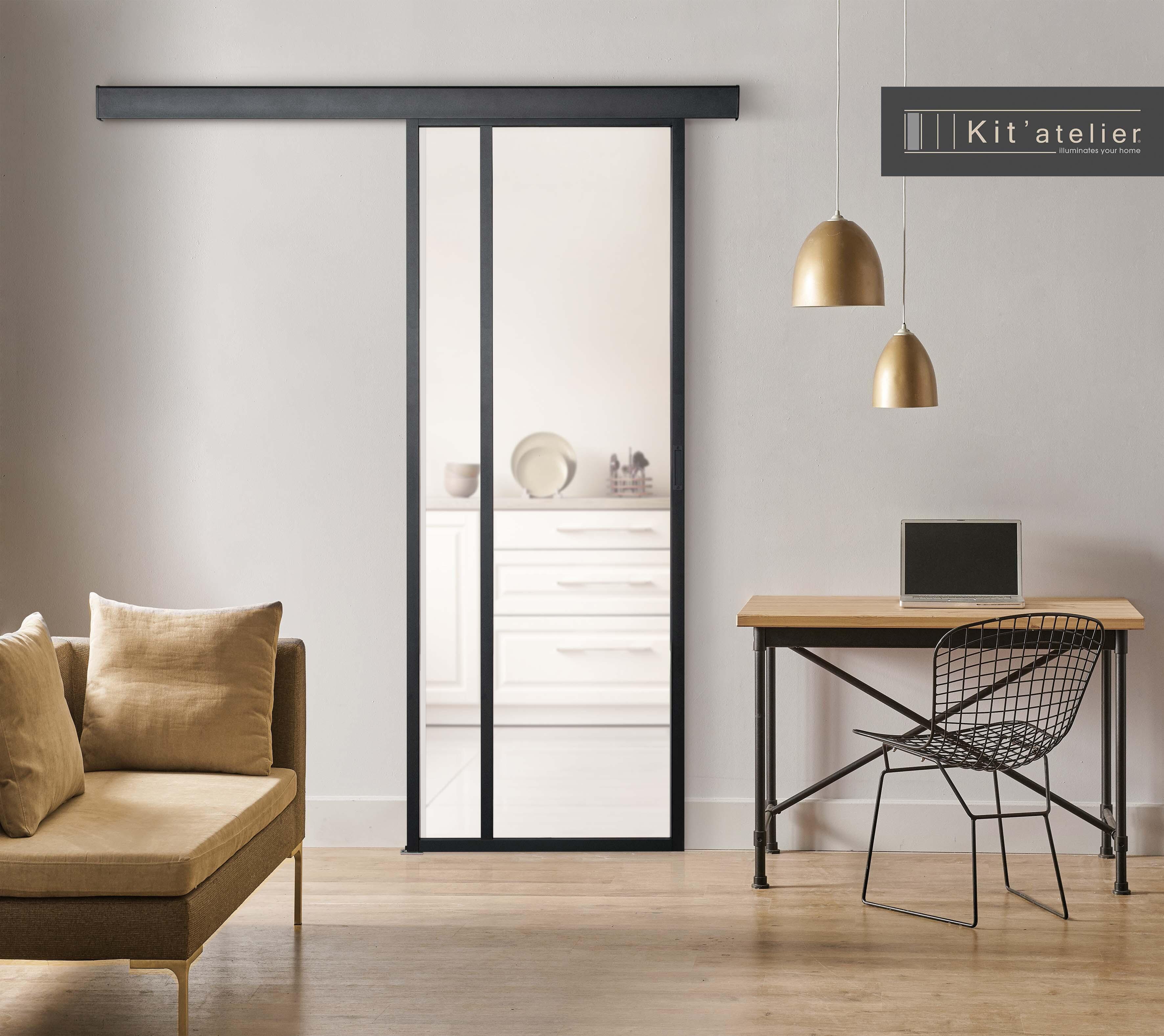 Porte coulissante Epur aluminium noir vitrée + rail, H.204 x l.73 cm ...