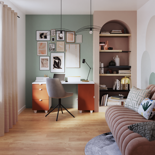 Un bureau terracotta dans une pièce à l’architecture singulière 