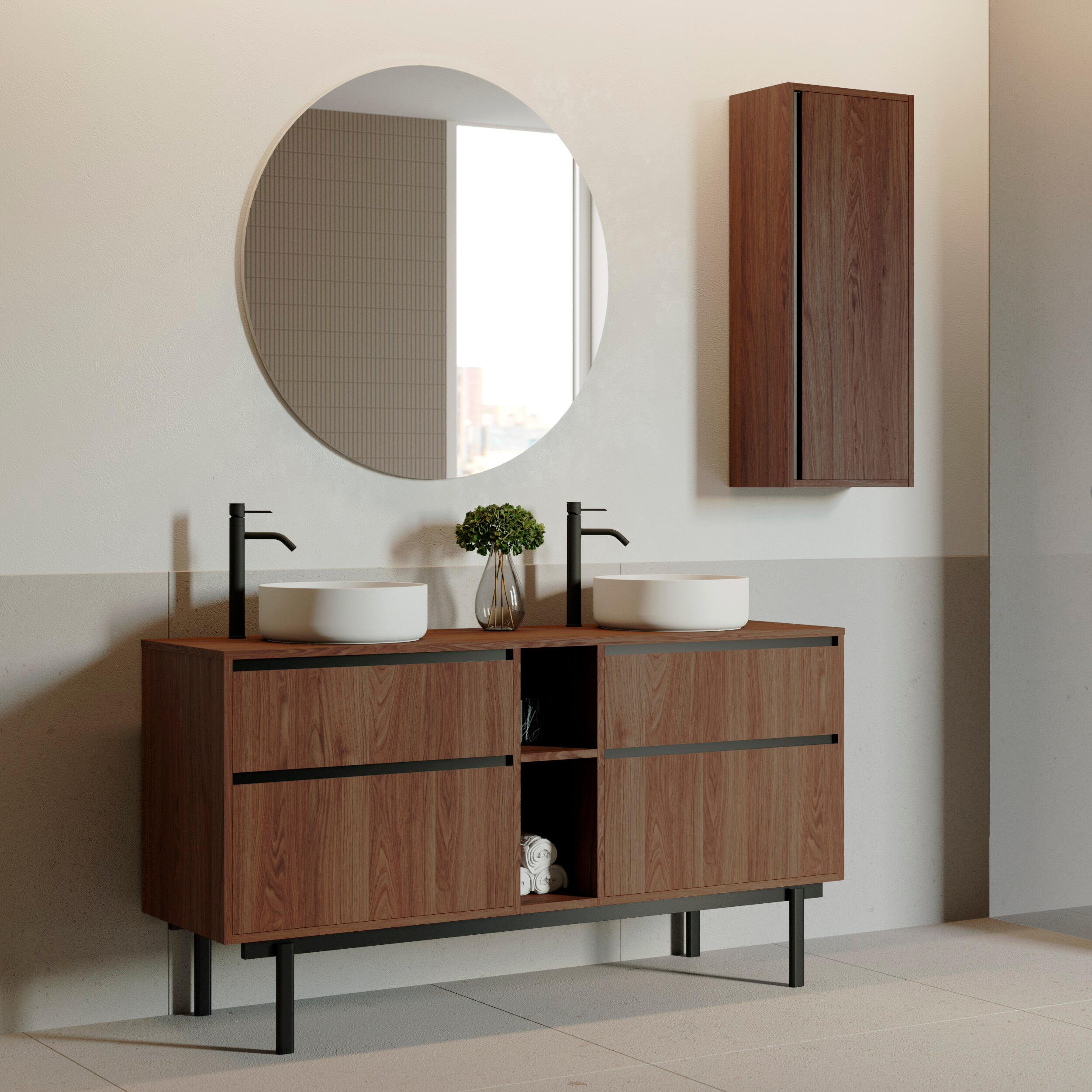 Mueble de baño con lavabo tono nogal 160x45 cm