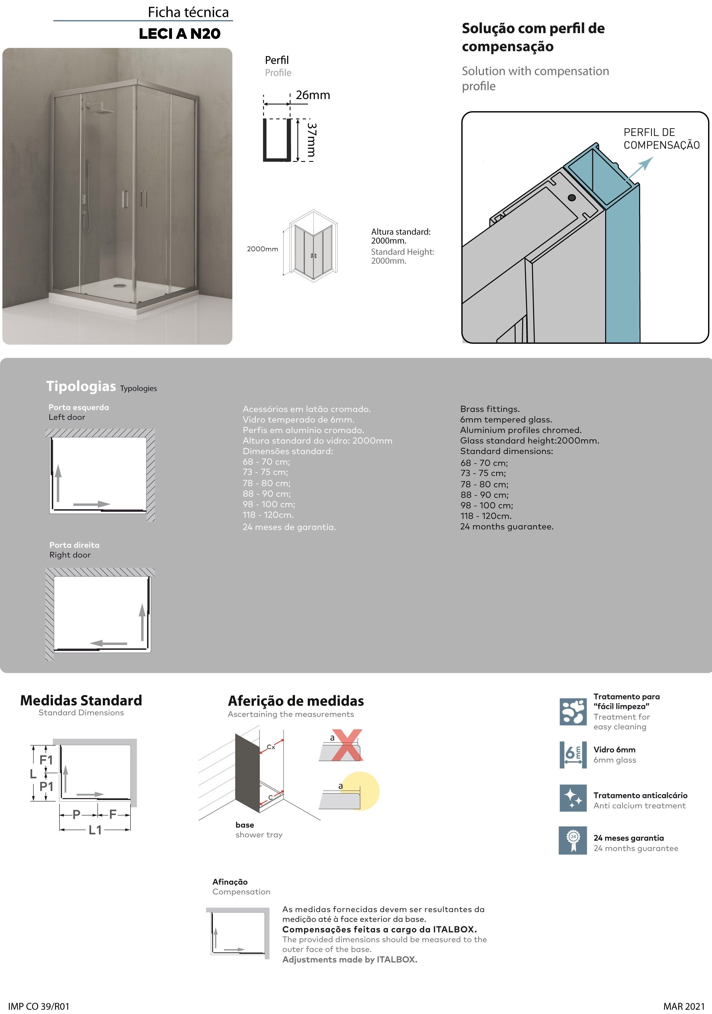 Cabine de duche 2 portas+2 frontais 80X80cm transparente cromado Leci A N20 - 3