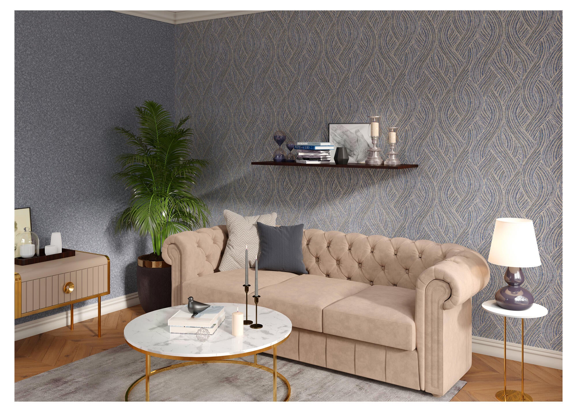 Papel pintado vinilo aplicación cola en pared geométrico ondas azul 600559 azul 106cmx10.05m lavable