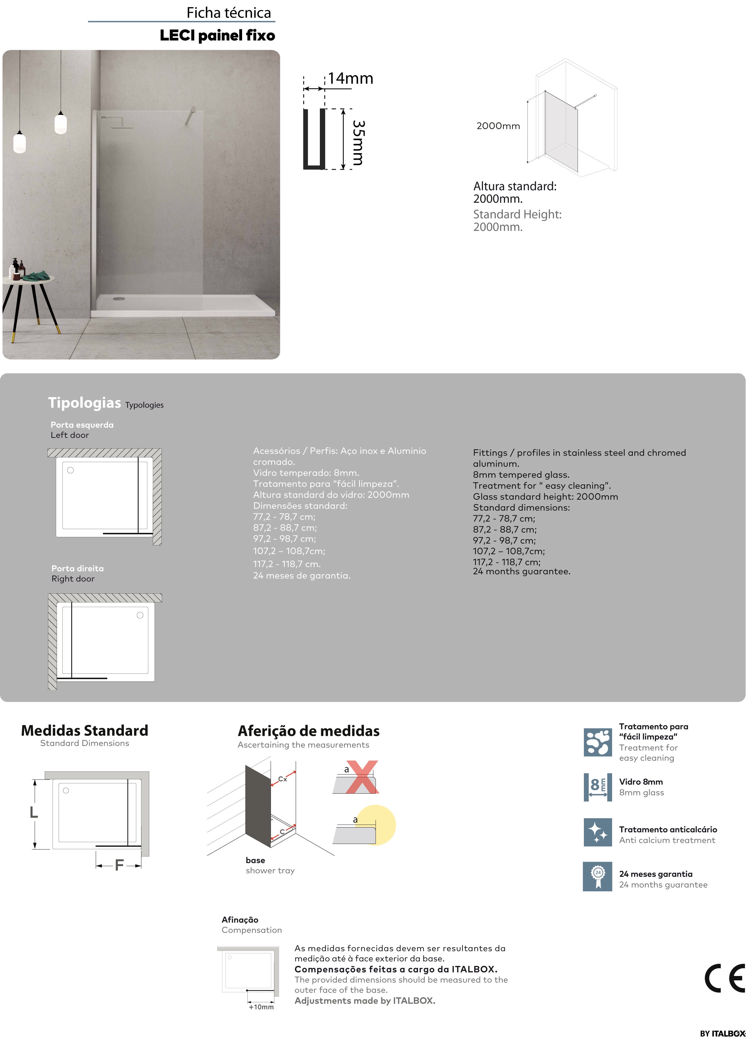 Cabine de duche Painel fixa 100cm transparente cromado Leci A - 3
