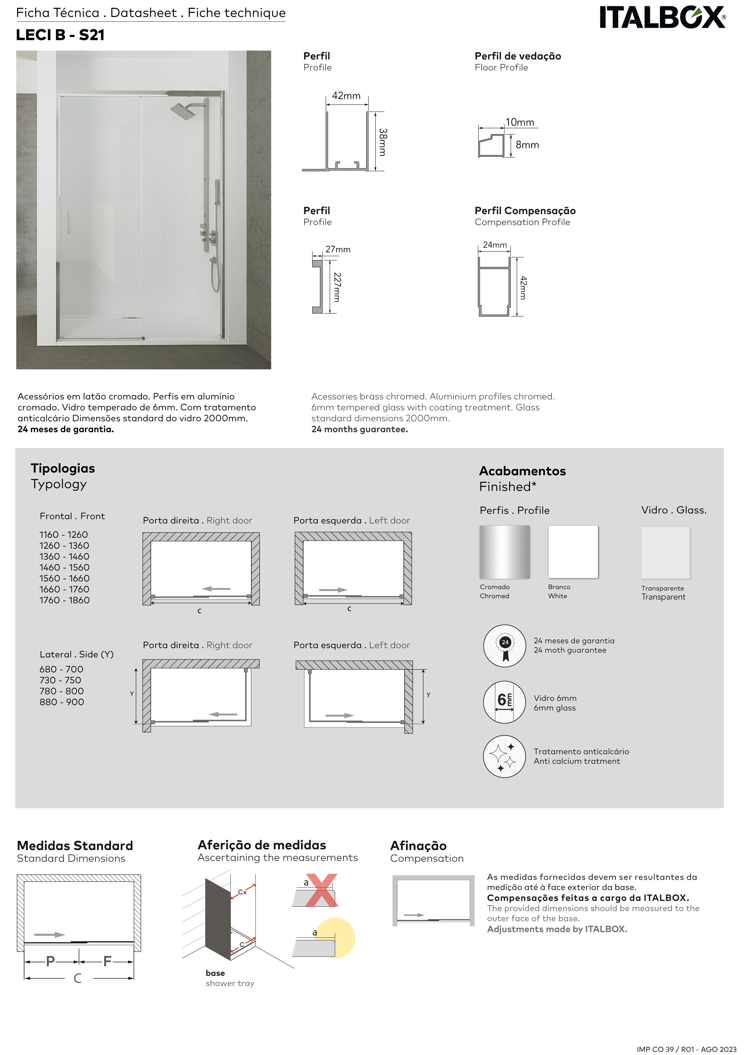 Porta de duche porta+frontal 160X200cm transparente cromado Leci B - 5