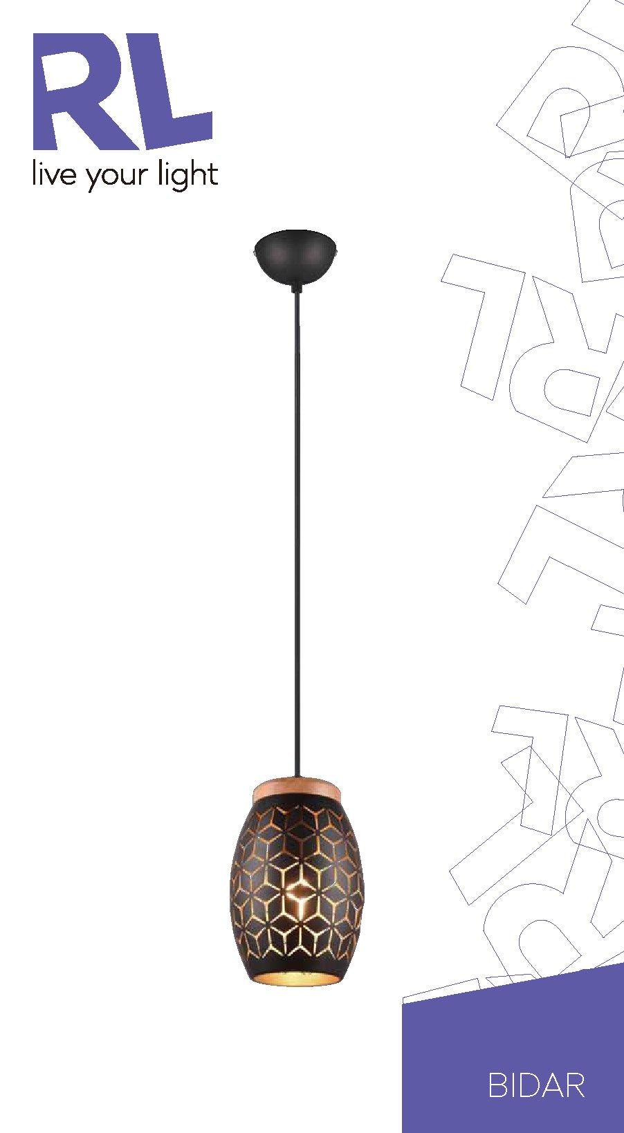 Candeeiro de teto suspenso BIDAR E27 1 Luz preto e dourado - 3